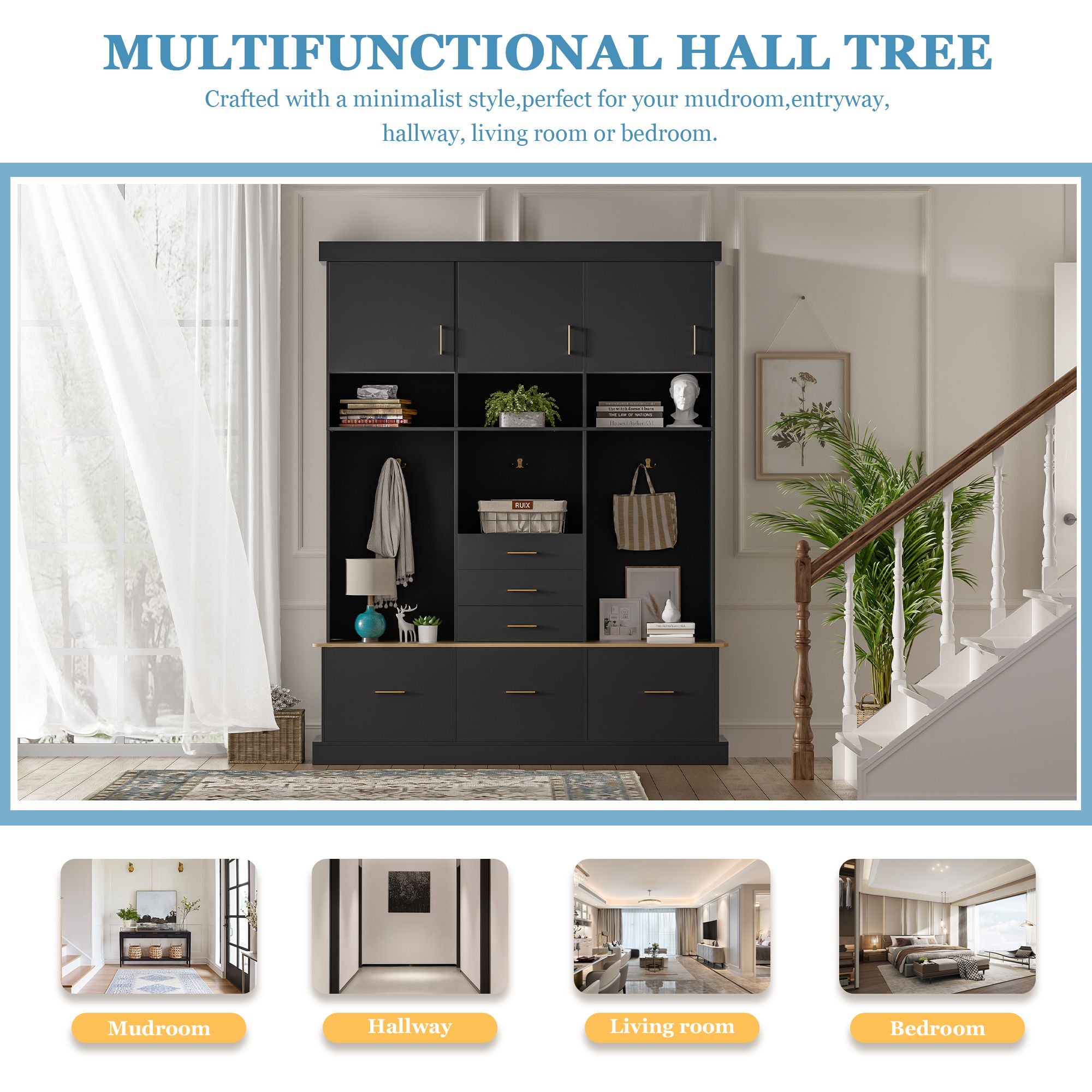 Entryway Hall Tree With Bench And Storage, 5 In 1 Coat Rack