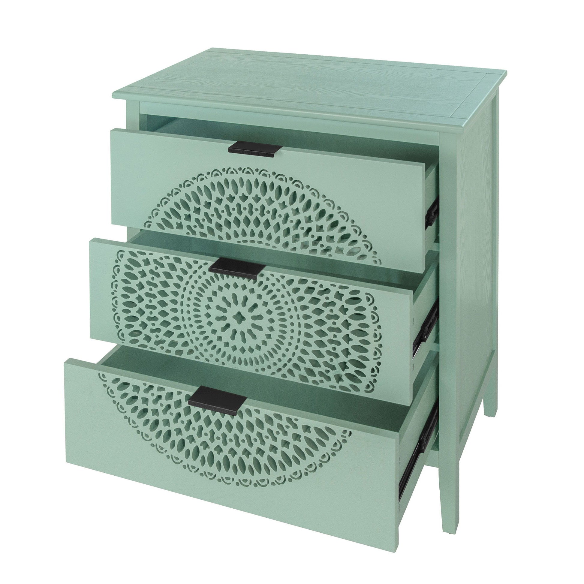 3 Drawer Storage Cabinet With Hollow Carved Design And Metal Handles, Chest For Entryway, Living Room Or Bedroom - Light Green - Best Buy Furniture