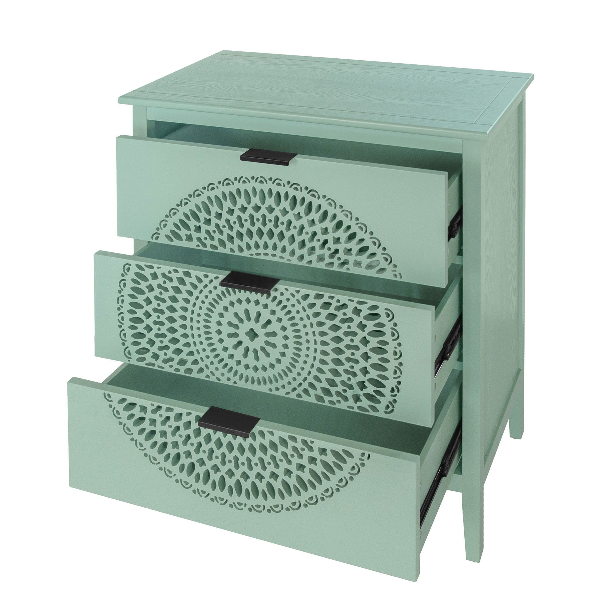 3 Drawer Storage Cabinet With Hollow Carved Design And Metal Handles, Chest For Entryway, Living Room Or Bedroom - Light Green - Best Buy Furniture