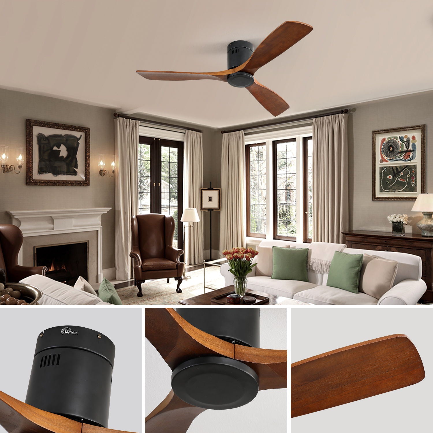 Low Profile Ceiling Fan DC, 3 Blade, Noiseless Reversible Motor, Remote Control