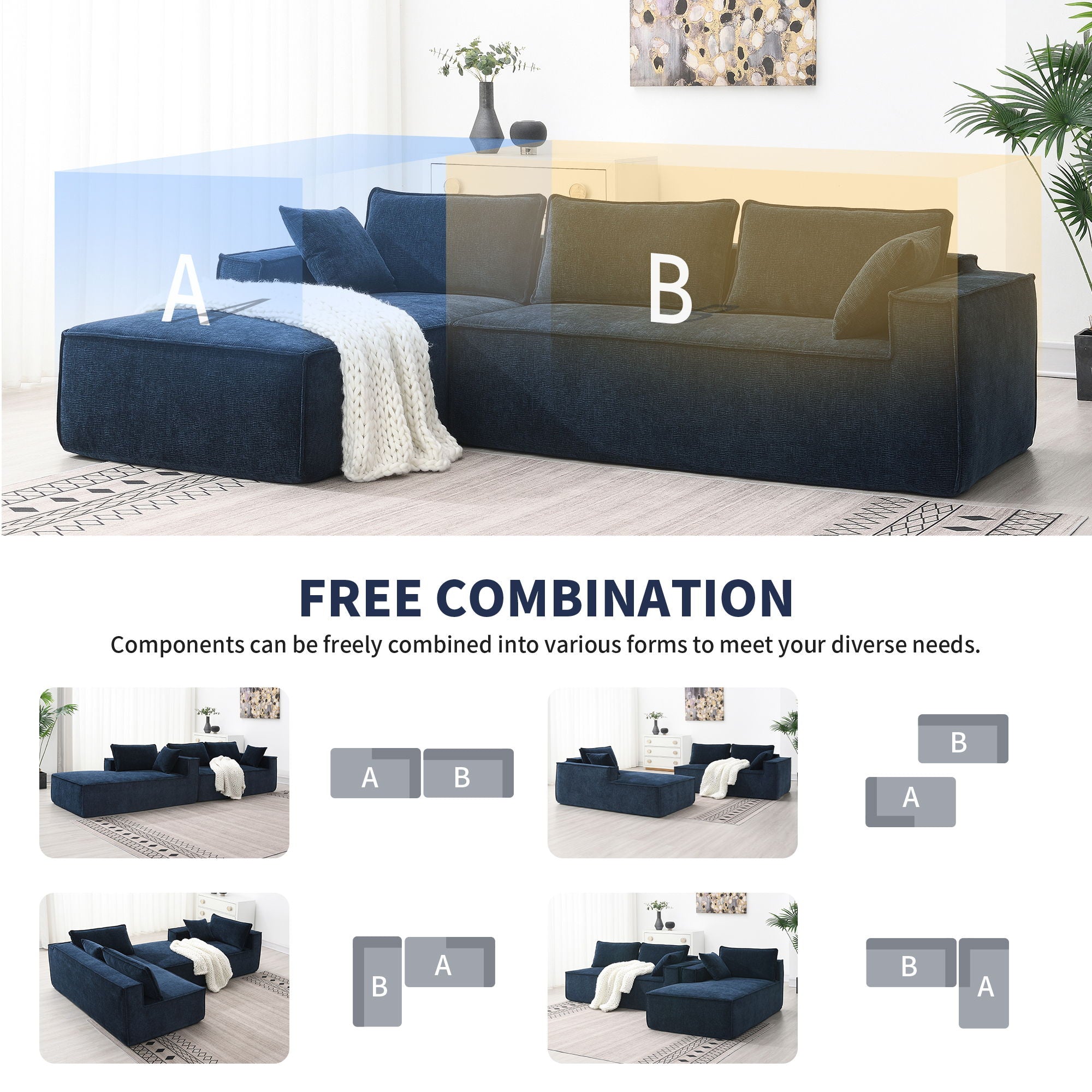 Free Combination Minimalist Style Modular Sectional, Wrinkle Resistant Couch Set L Shaped Compressed Sofa For Living Room