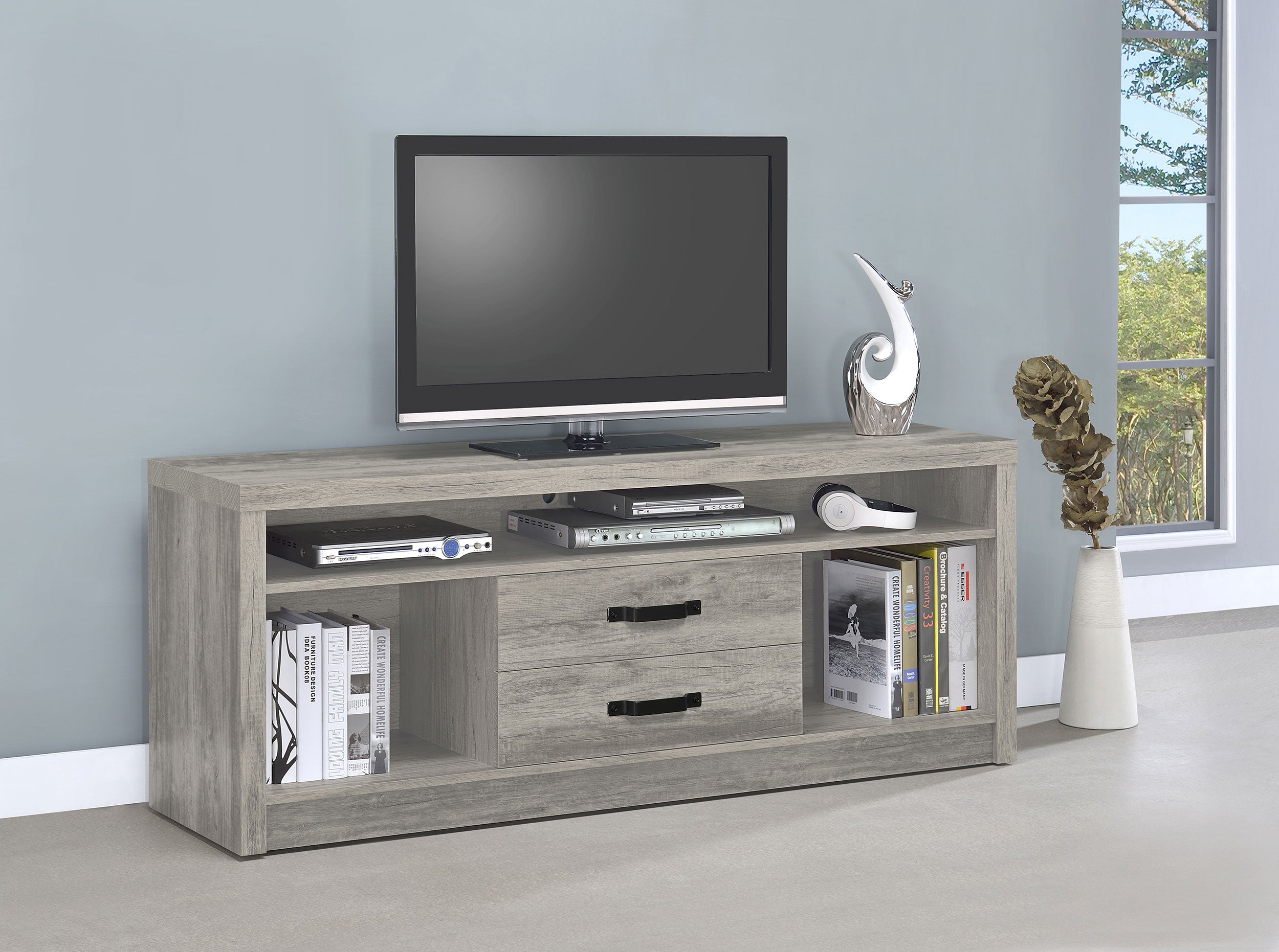 Burke 2-drawer Engineered Wood 59-inch TV Stand Grey Driftwood-CoasterEssence