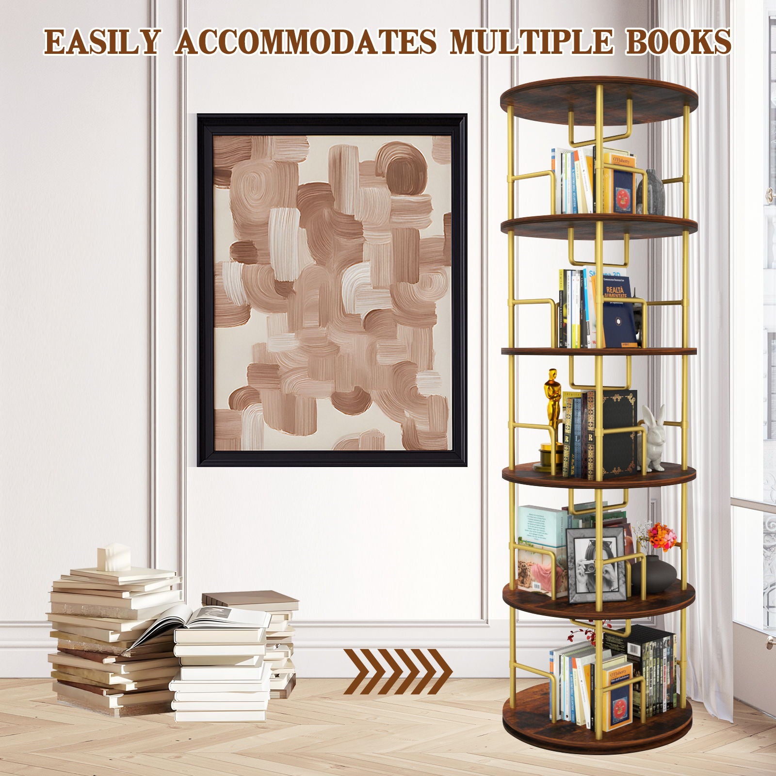 5 Tier 360 Rotating Bookshelf, Display Round Floor Standing Swivel Bookcase For Bedroom - Golden
