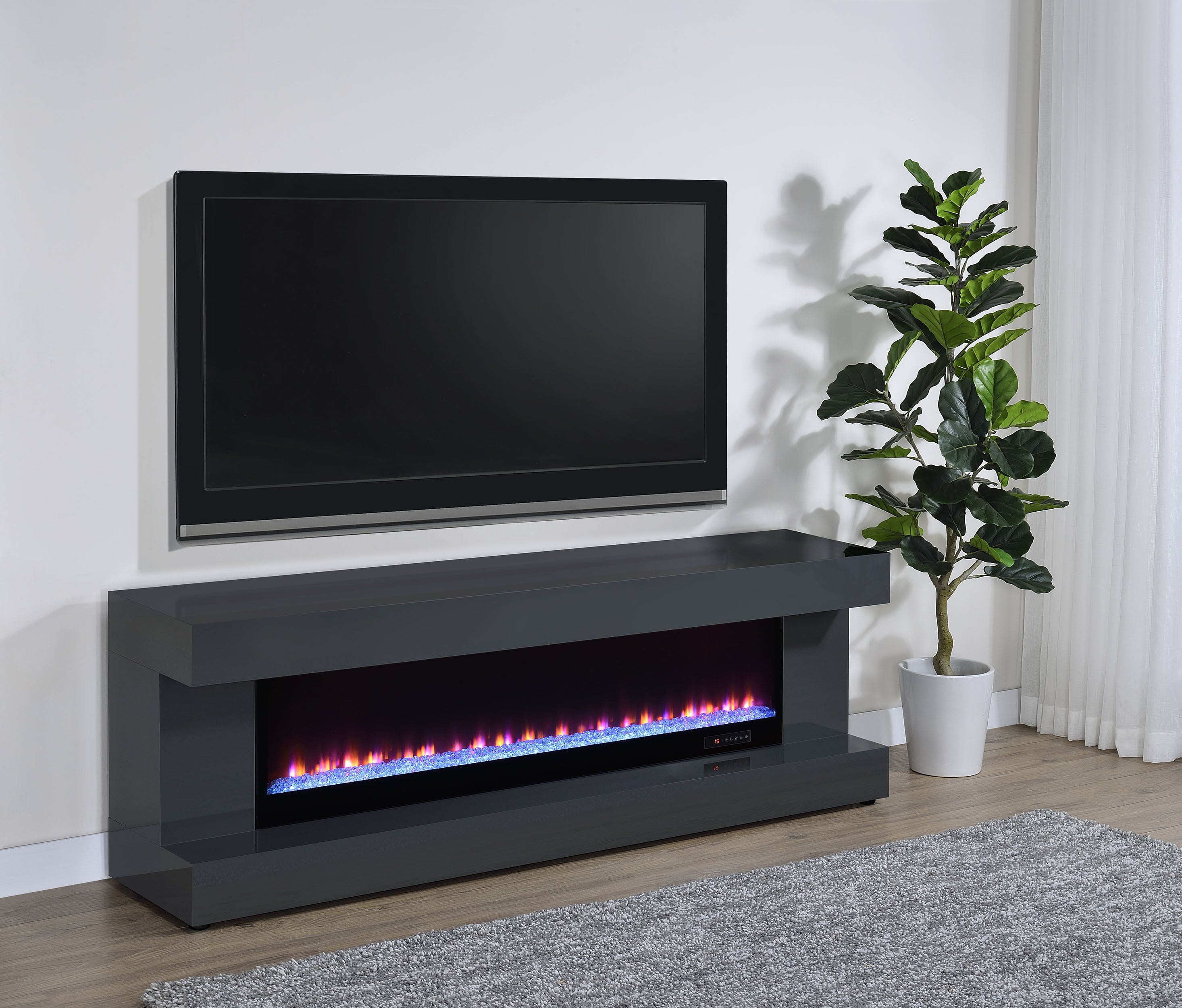 Mallory TV Stand Fireplace Console Bluetooth Speaker Grey High Gloss-