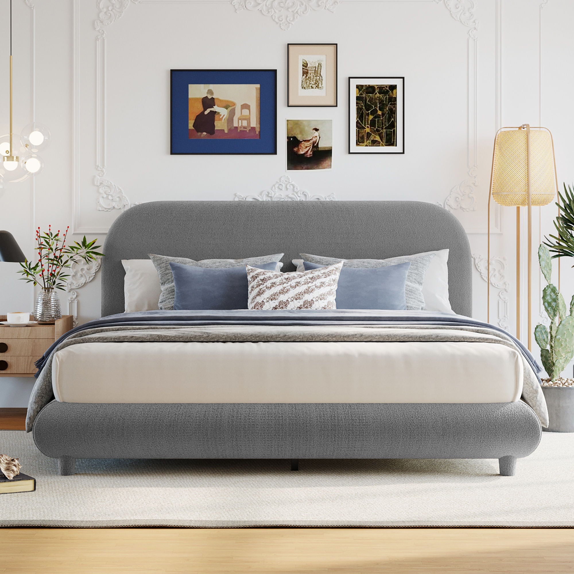 Upholstered Platform Bed With Thick Solid Frame And Stylish Curve-Shaped Design