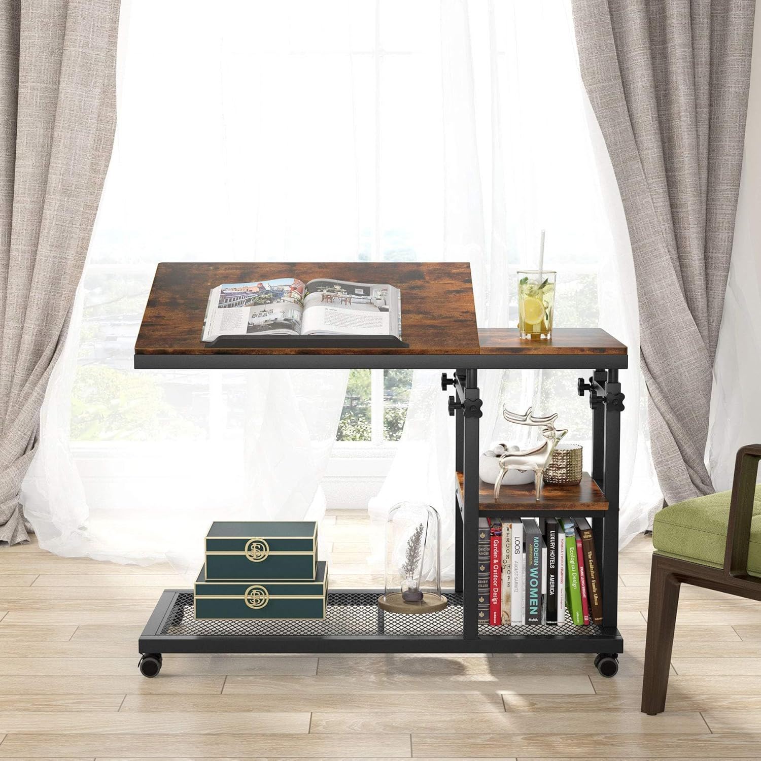 C-Shaped Adjustable End Table With Wheels And Tilting Top With Side Pocket And Storage Shelf - Brown / Black