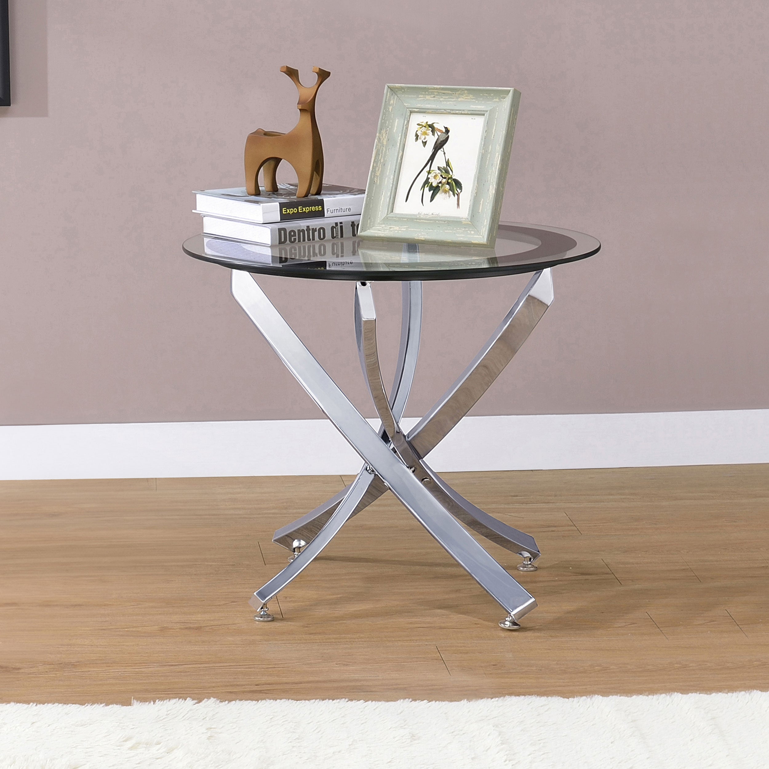 Brooke Round Glass Top Side End Table Metal Base Chrome-CoasterEssence