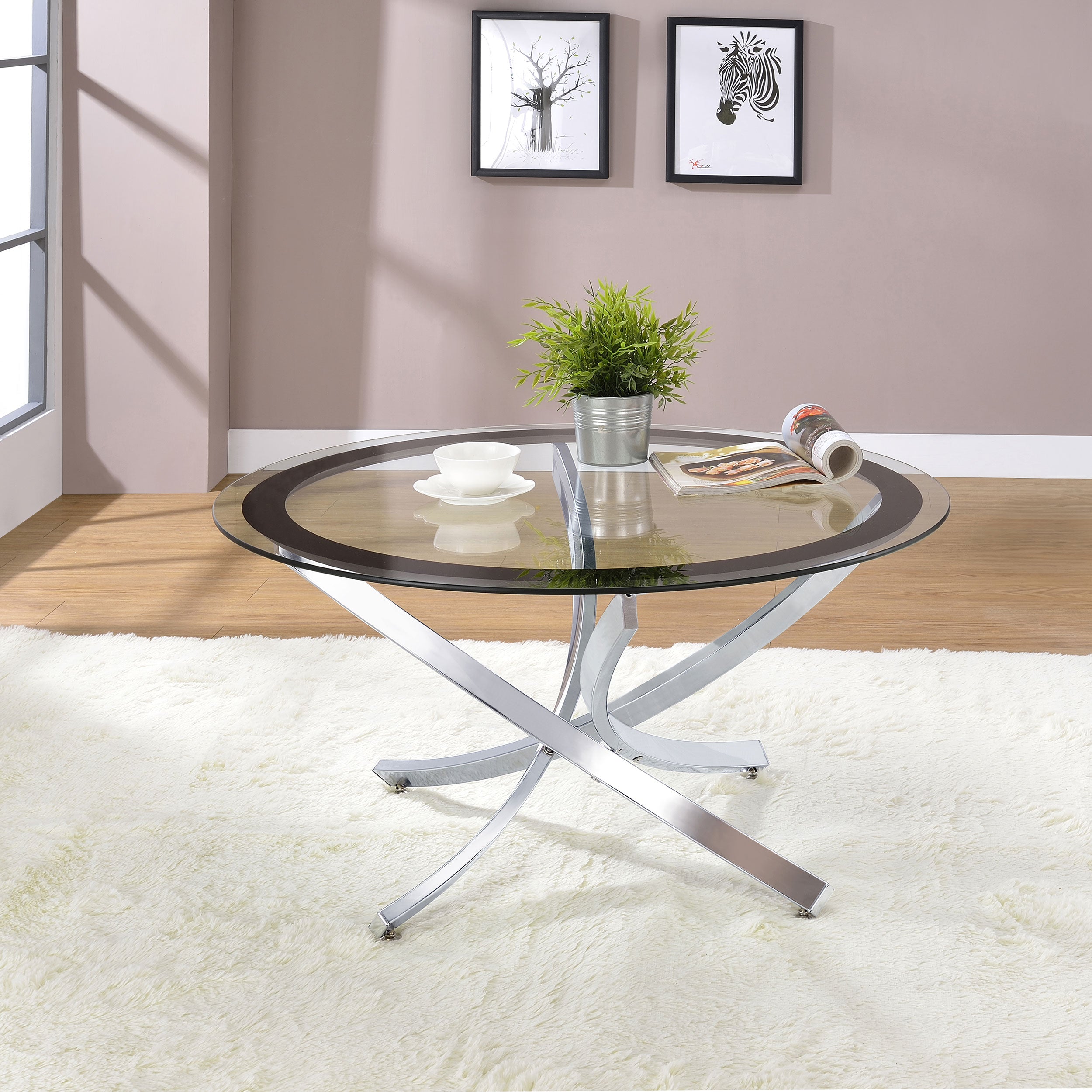 Brooke Round Glass Top Coffee Table Metal Base Chrome-CoasterEssence