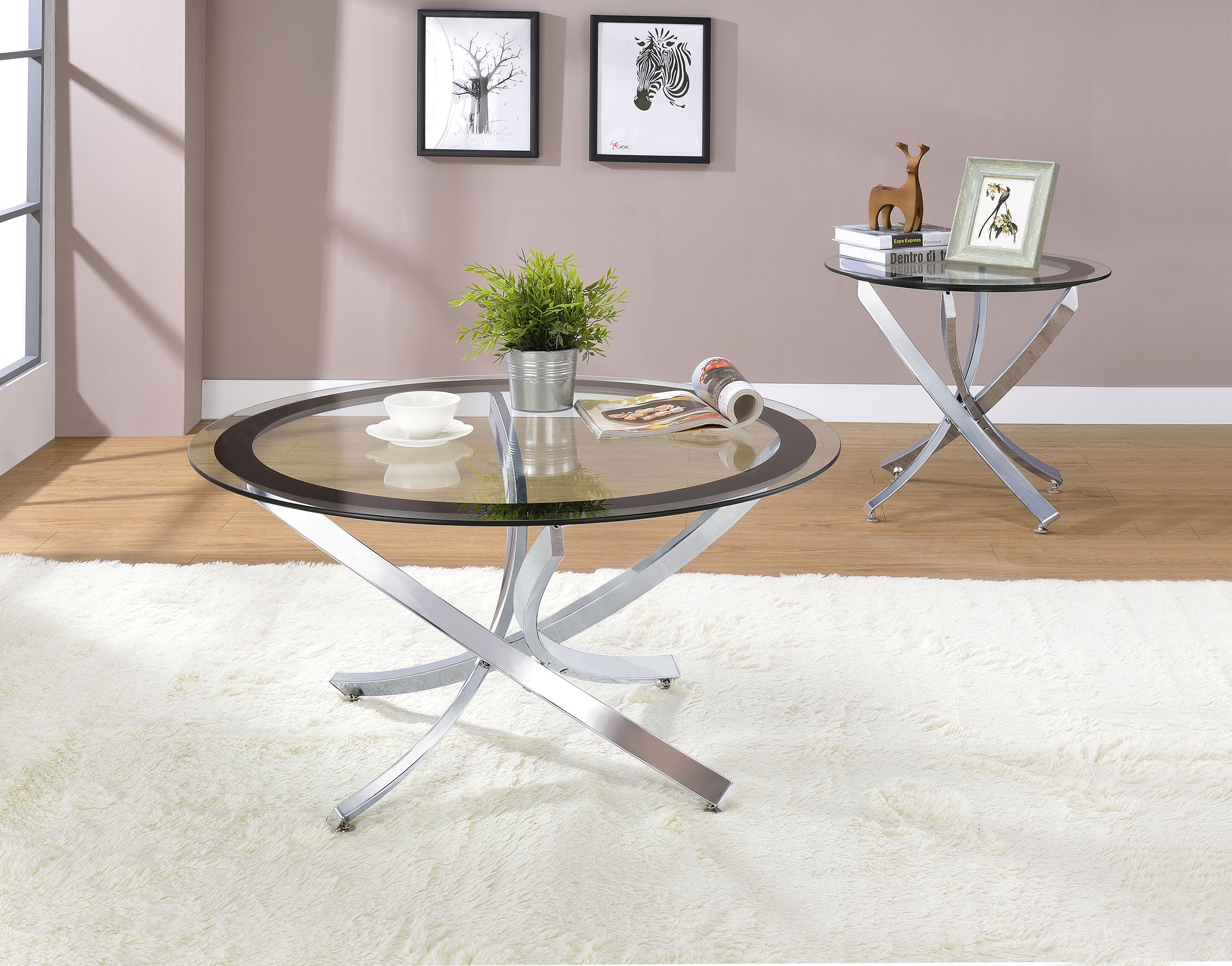 Brooke Round Glass Top Coffee Table Metal Base Chrome-CoasterEssence