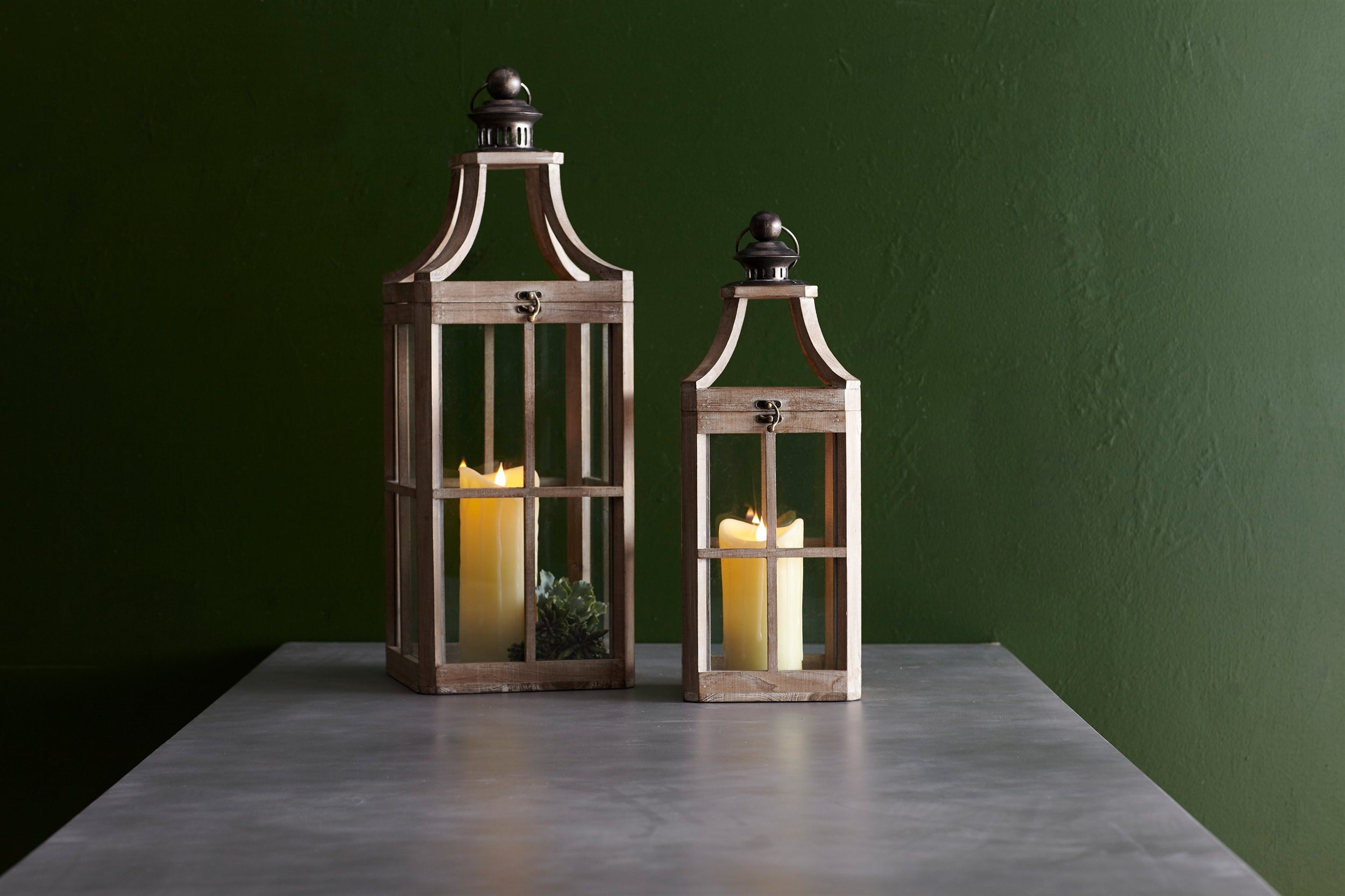 Modern Wood Lantern with Curved Top (Set of 2)