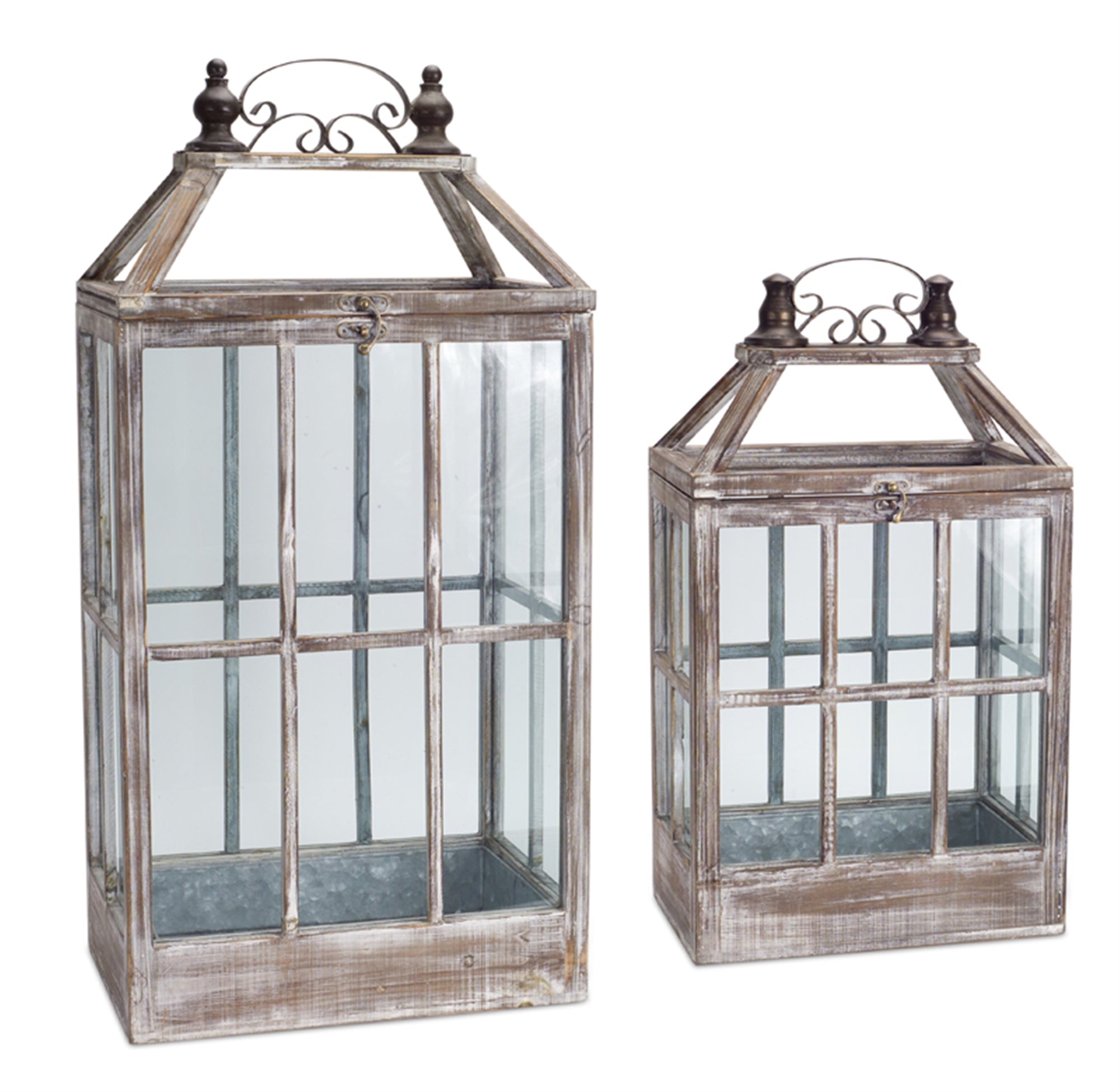 White-washed-wood-lantern-with-ornate-metal-(set-of-2)-Outdoor-Lighting
