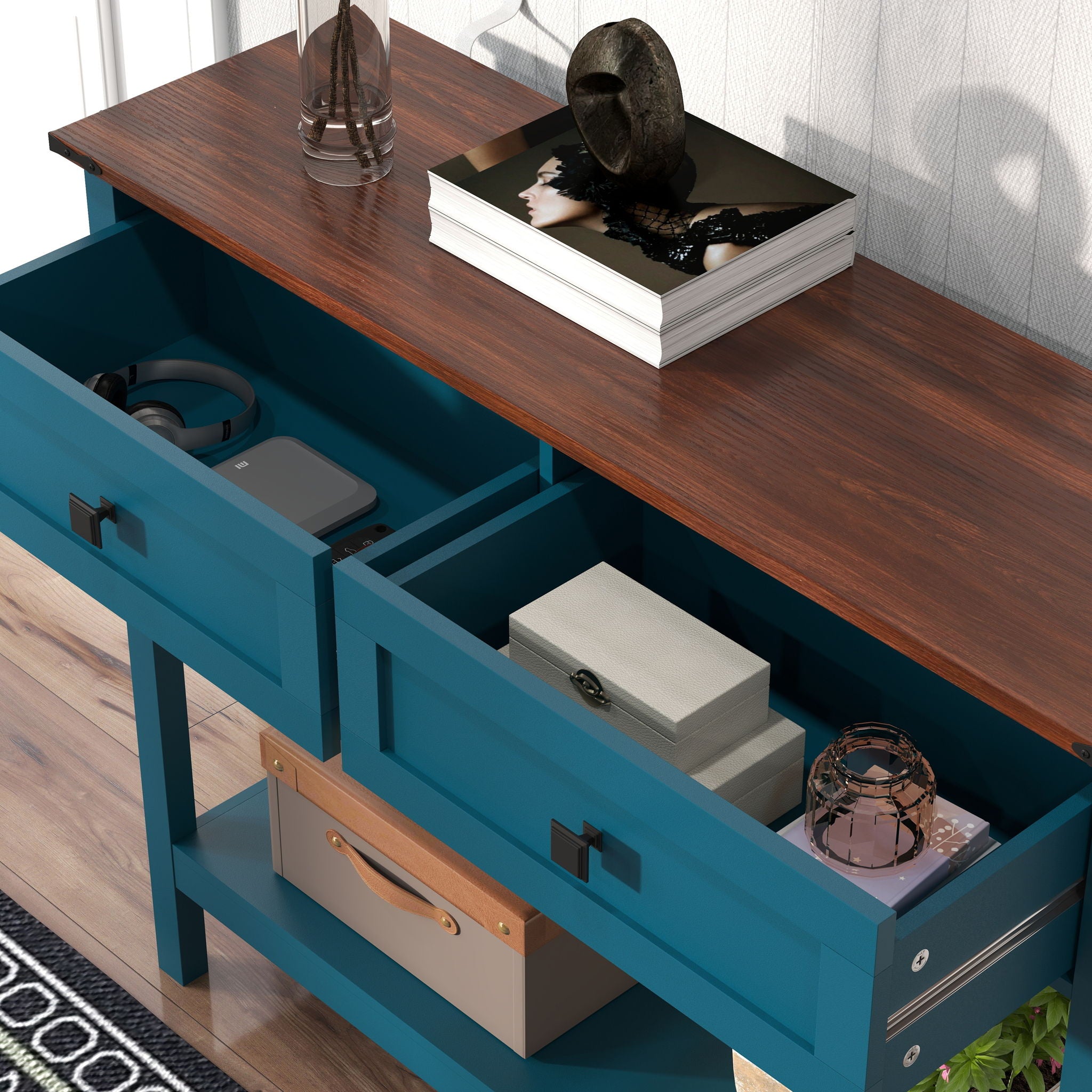 Farmhouse Style Console Table With 2 Drawers And Bottom Storage Shelf