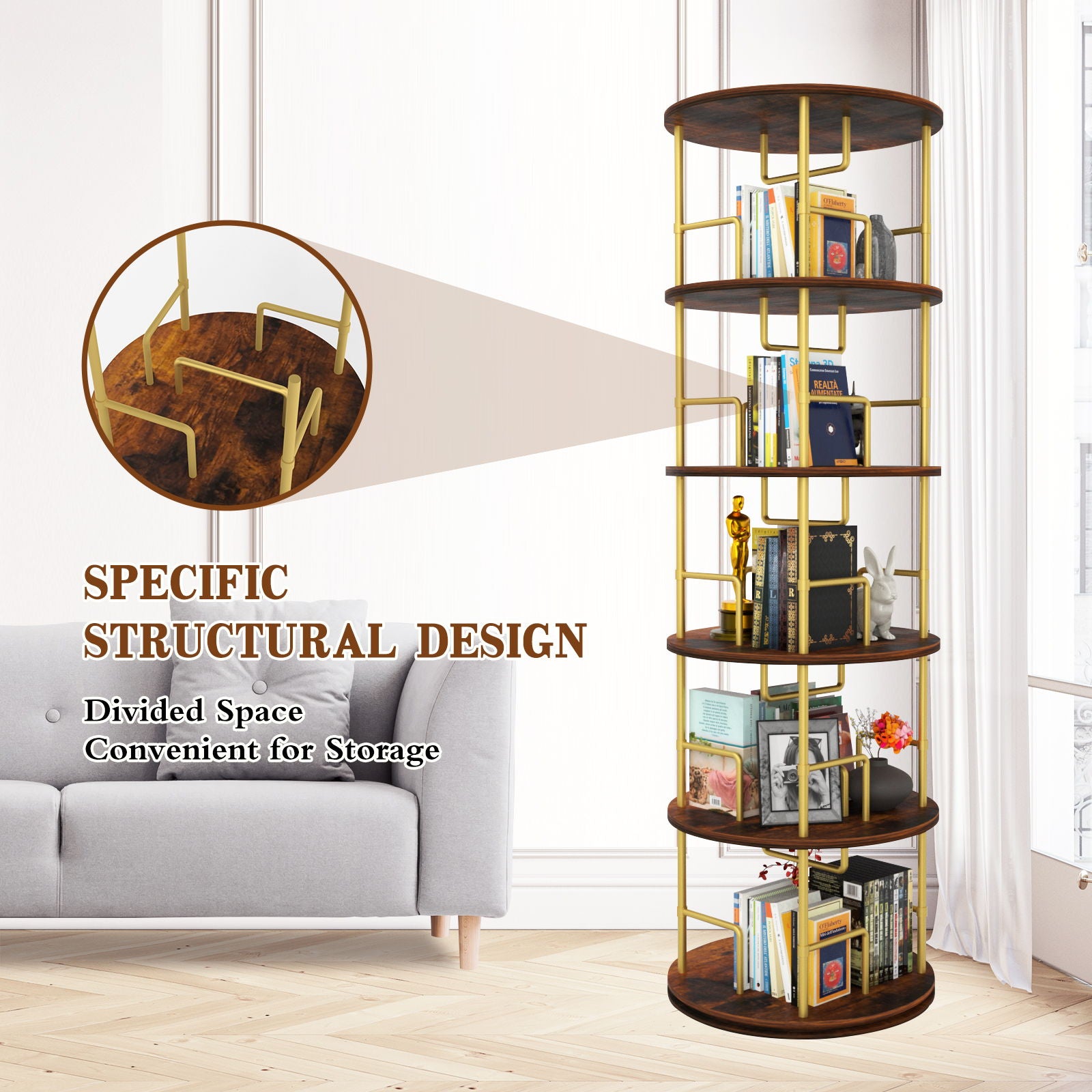 5 Tier 360 Rotating Bookshelf, Display Round Floor Standing Swivel Bookcase For Bedroom - Golden