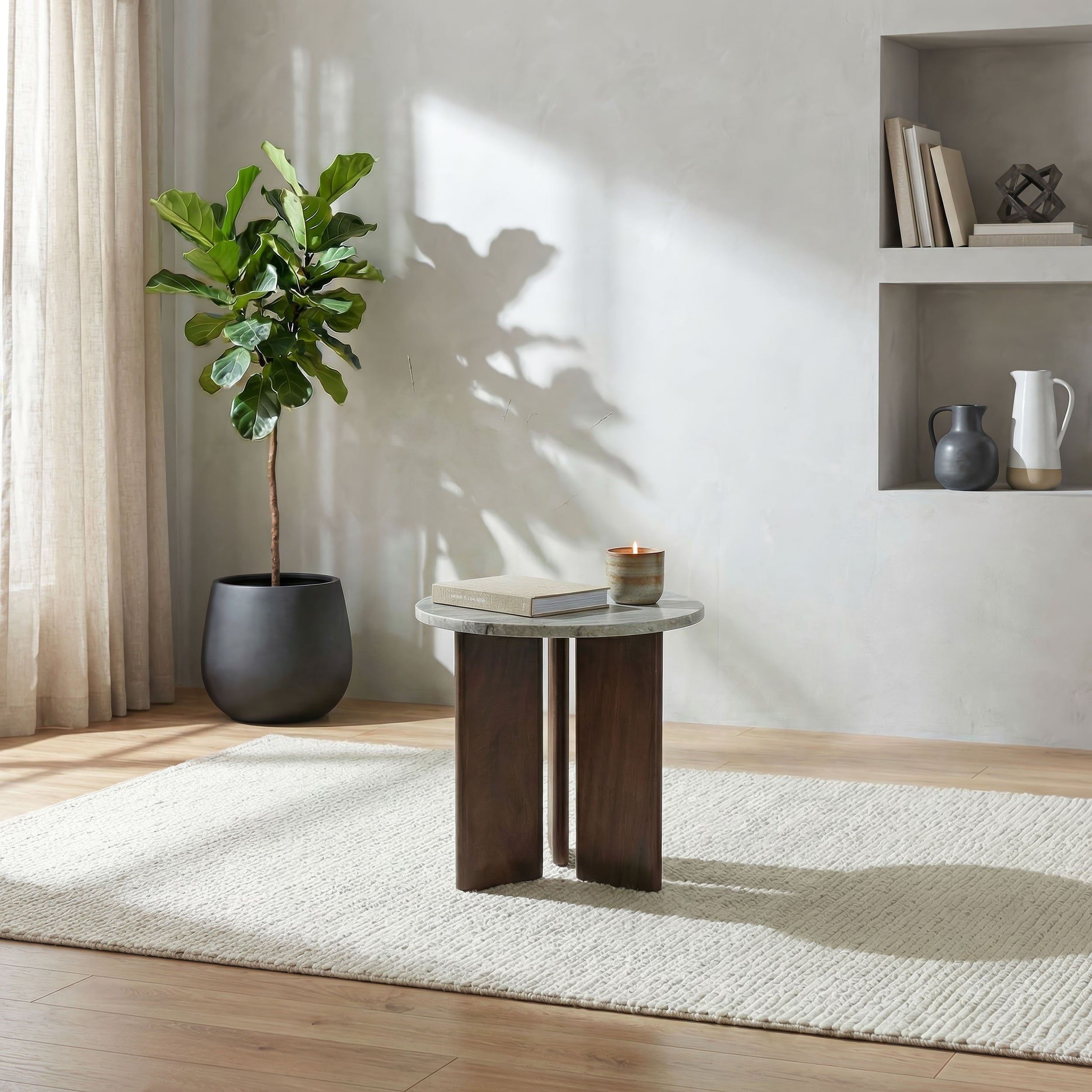 Jenna Round Marble Top Mango Wood Side End Table Brown-