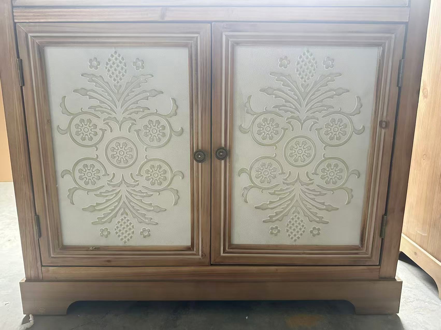 Rustic Vintage Accent Cabinet with Carved Floral Panels
