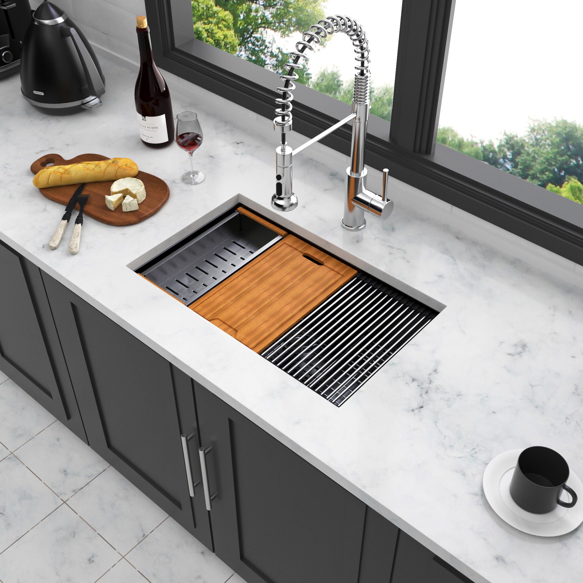Gunmetal Black Workstation Kitchen Sink 23X18X10" Single Bowl Undermount Stainless Steel 16 Gauge With Cutting Board And Accessories