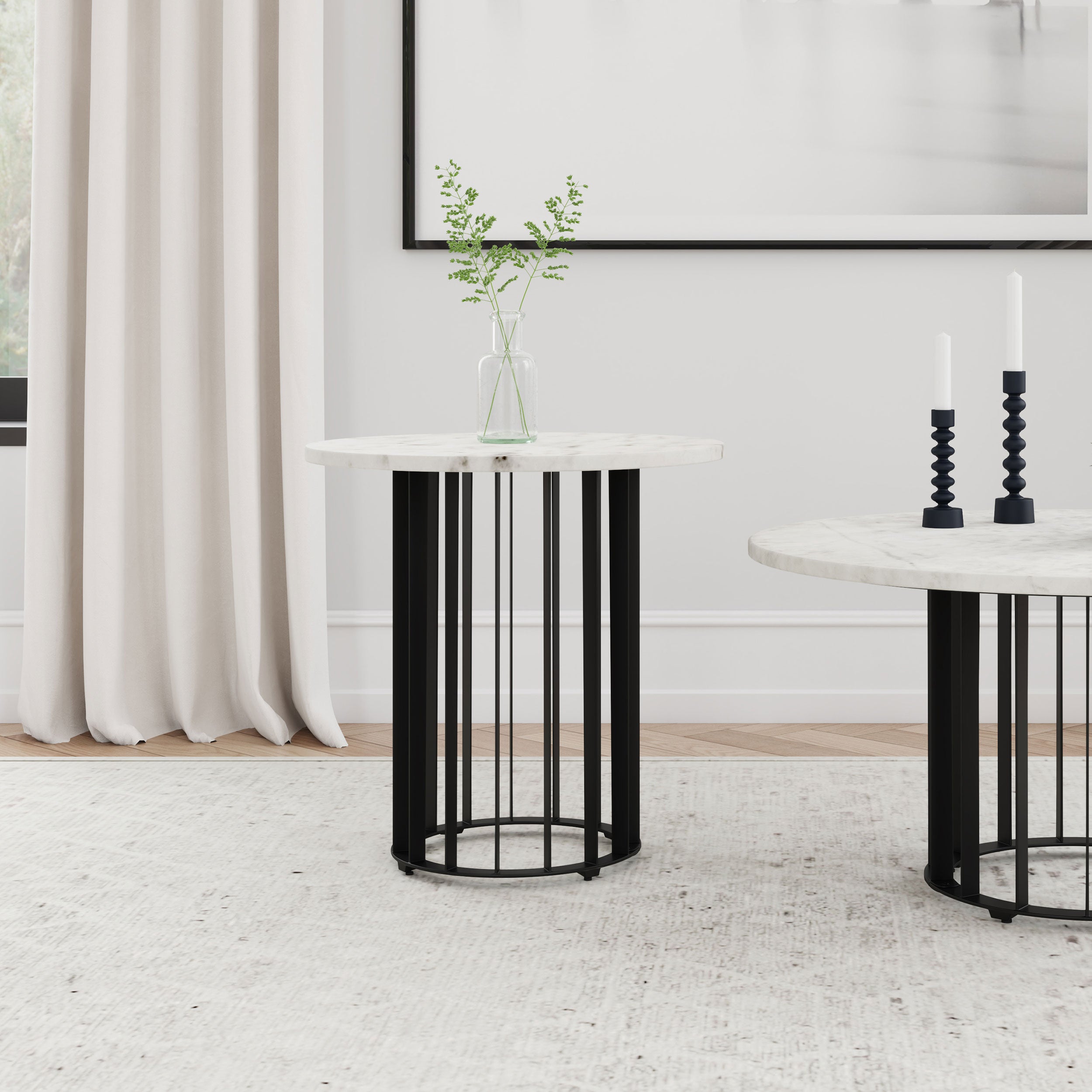 Haven Round Genuine White Marble Top End Side Table Black-