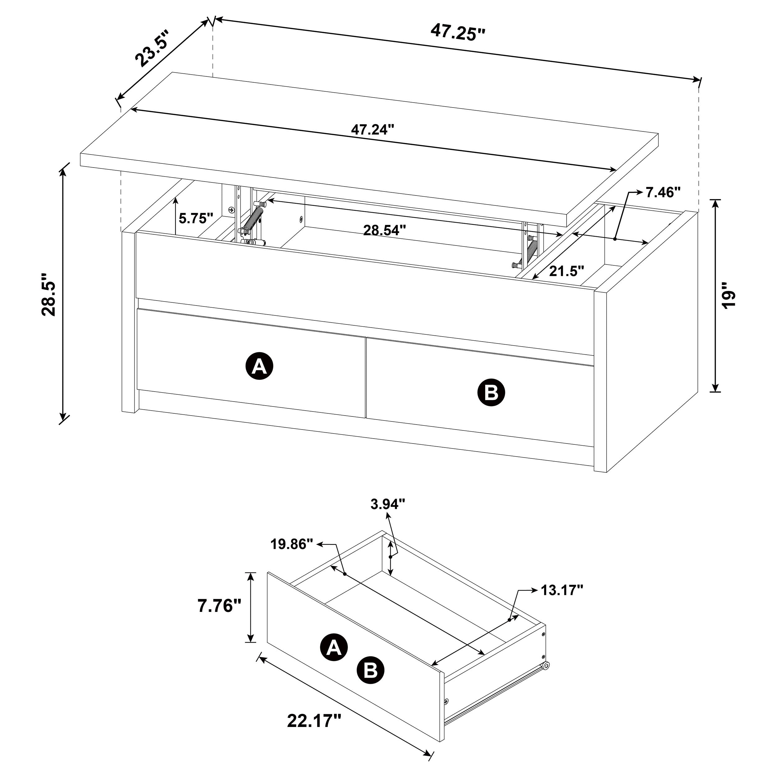 Knapp Lift Top Cocktail Coffee Table with Dual Drawers Black-