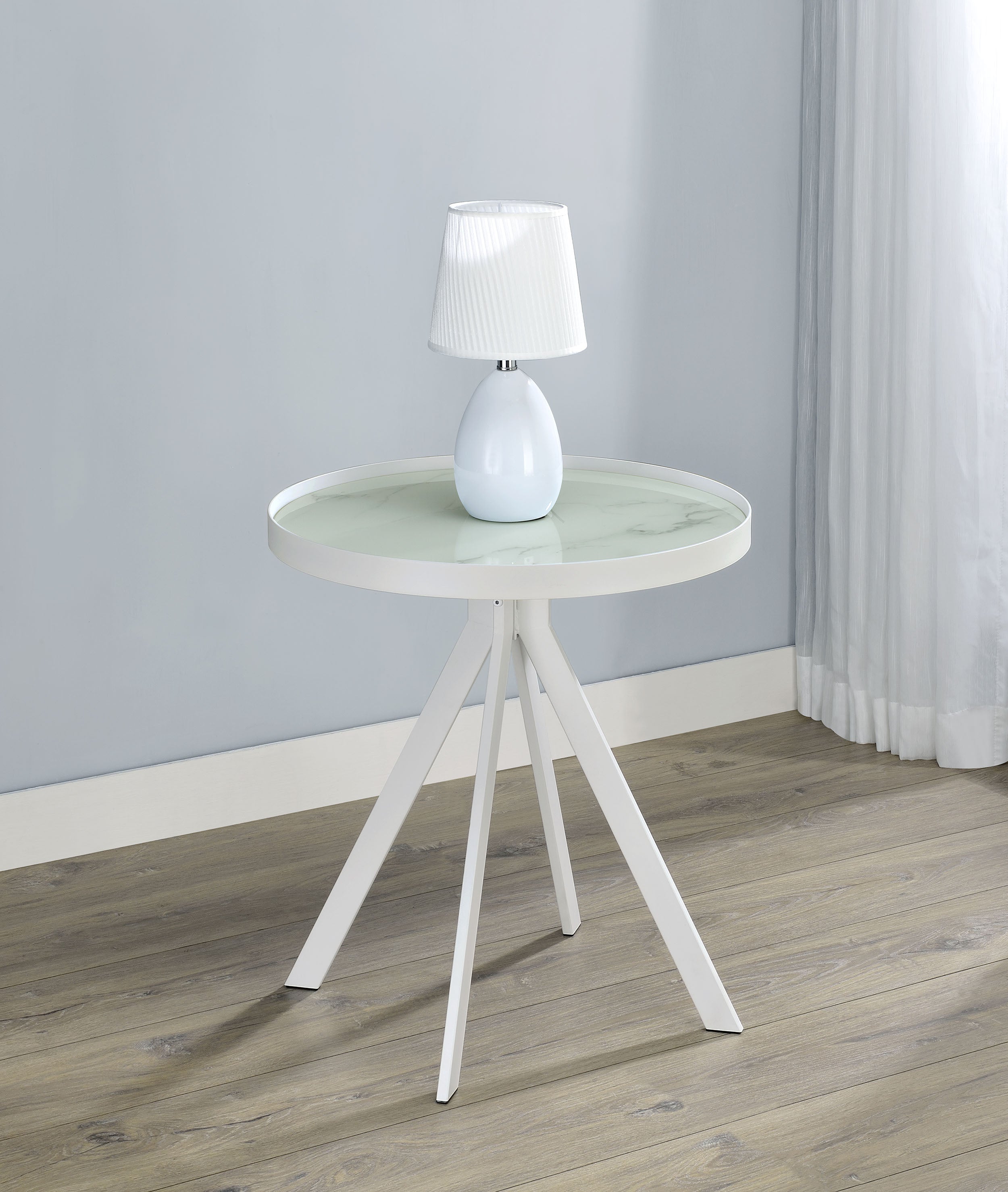 Briggs Round Marble Printed Glass Top End Side Table White-