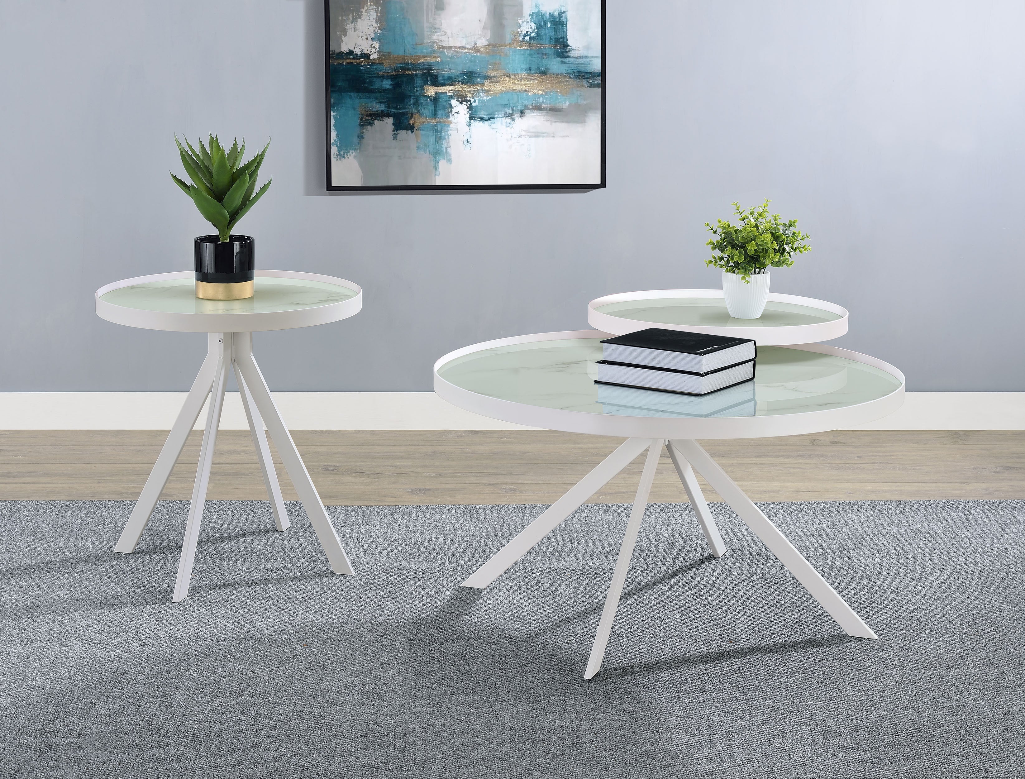 Briggs Round Marble Printed Glass Top End Side Table White-
