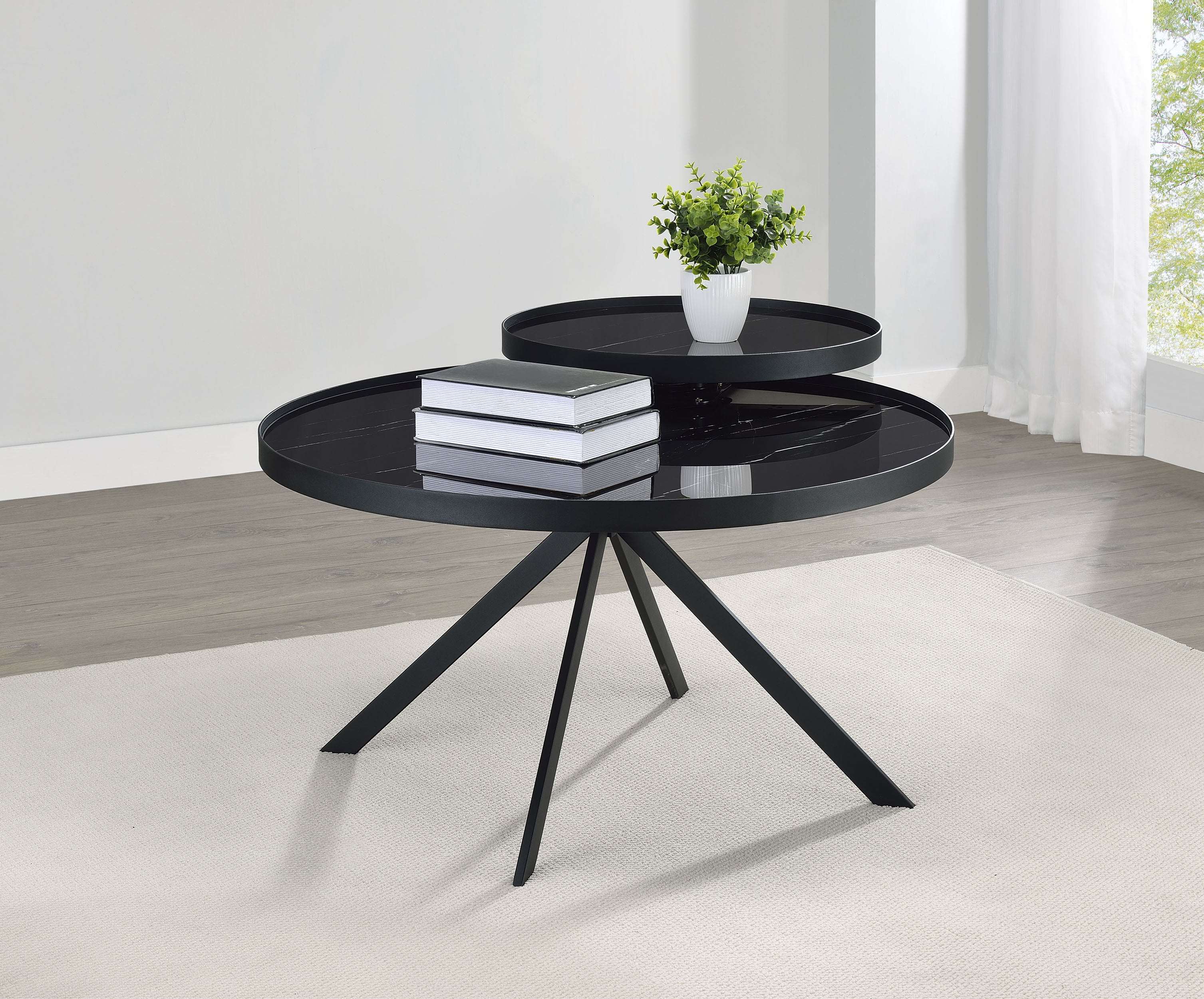 Briggs Round Marble Printed Glass Top Coffee Table Black-