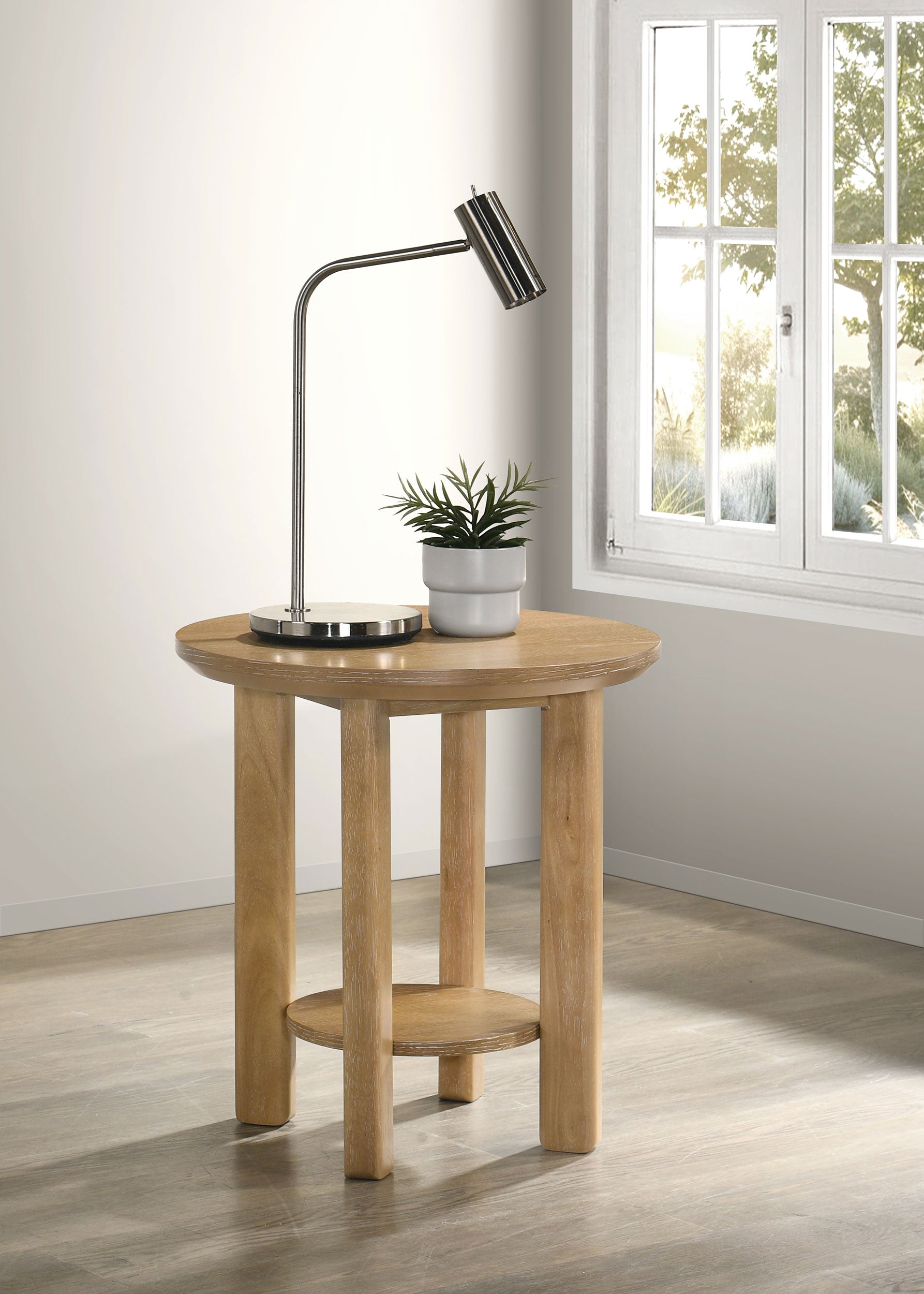 Ottowa Round Wood Side End Table with Shelf Light Oak-