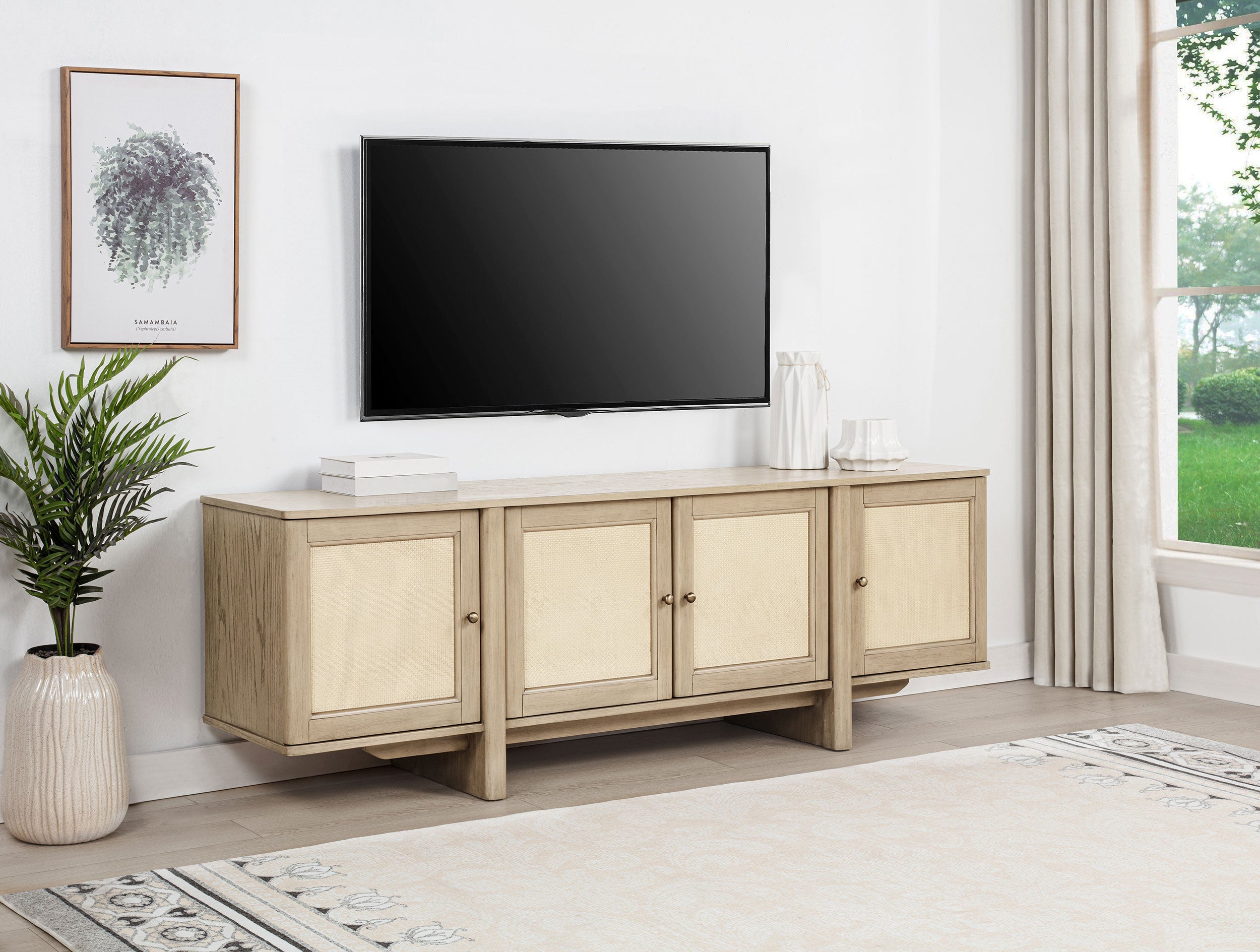 Kailani 79-inch 4-door Cane TV Stand Media Console Beige Oak-
