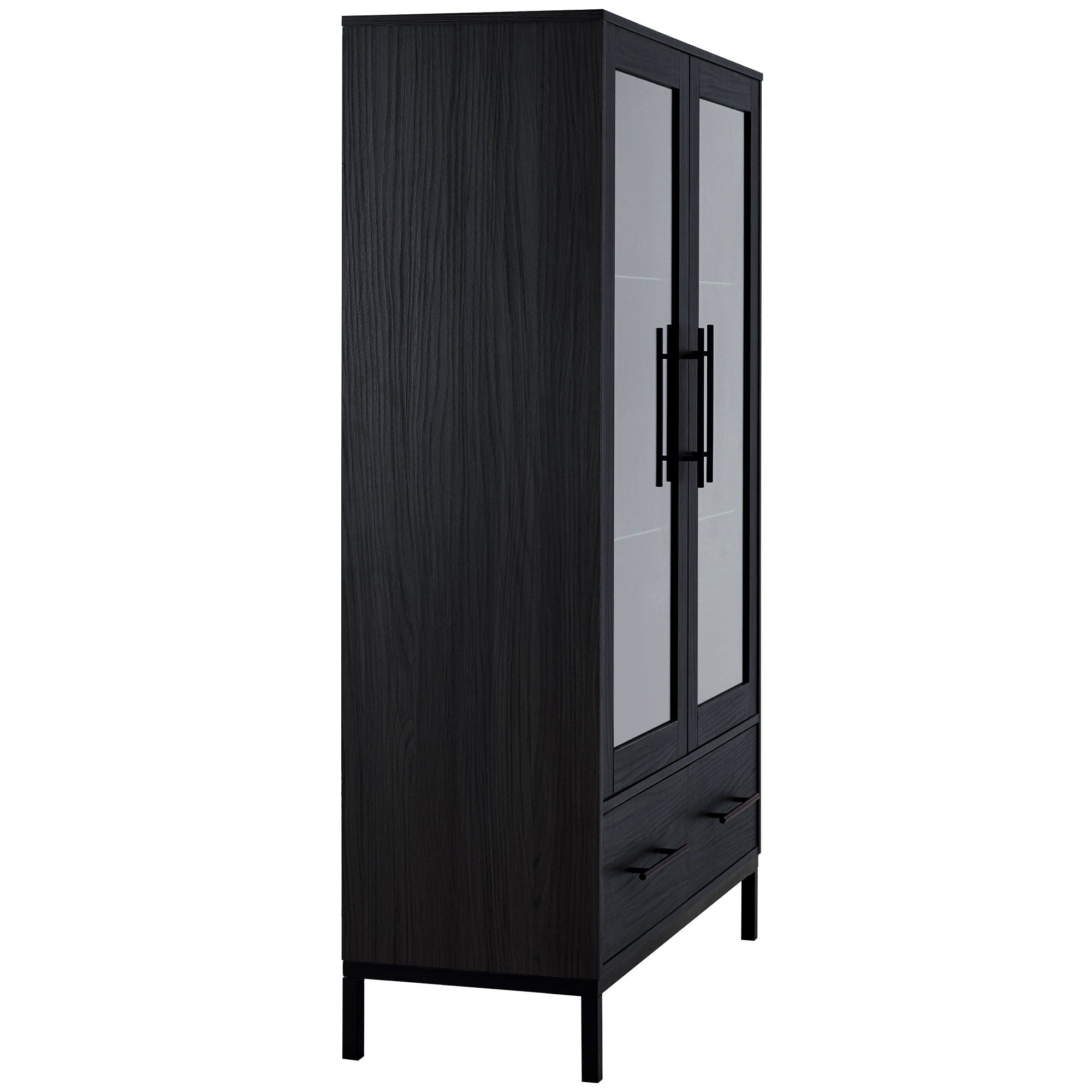 Modern Style Tall Display Cabinet With LED Lighting, Tempered Glass Door, 2 Drawers
