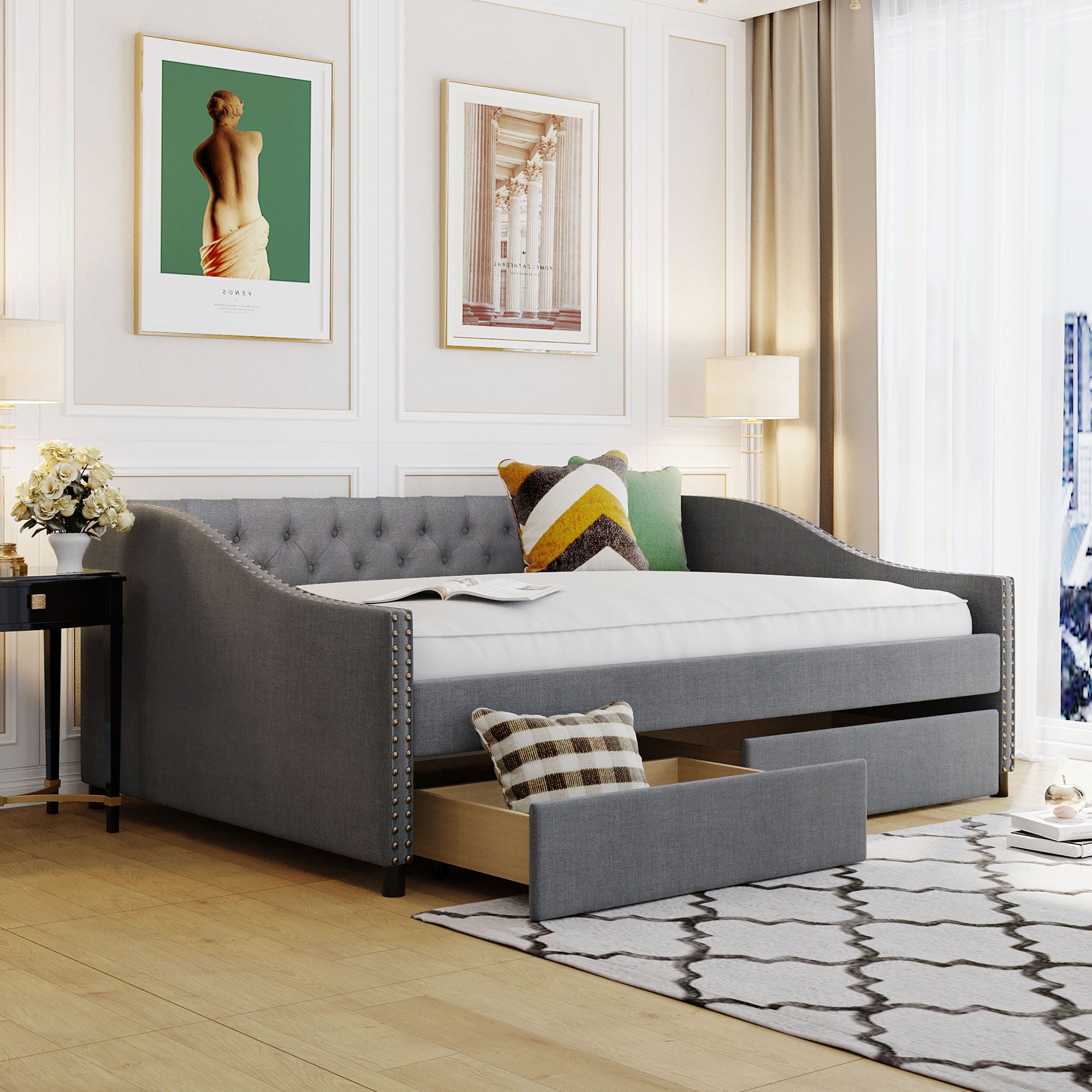 Upholstered Daybed With Two Drawers, Wood Slat Support