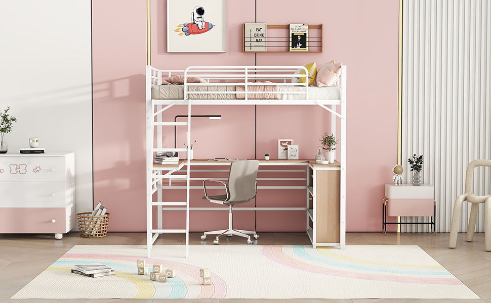 Loft Bed & 3 Layers Of Shelves And L-Shaped Desk