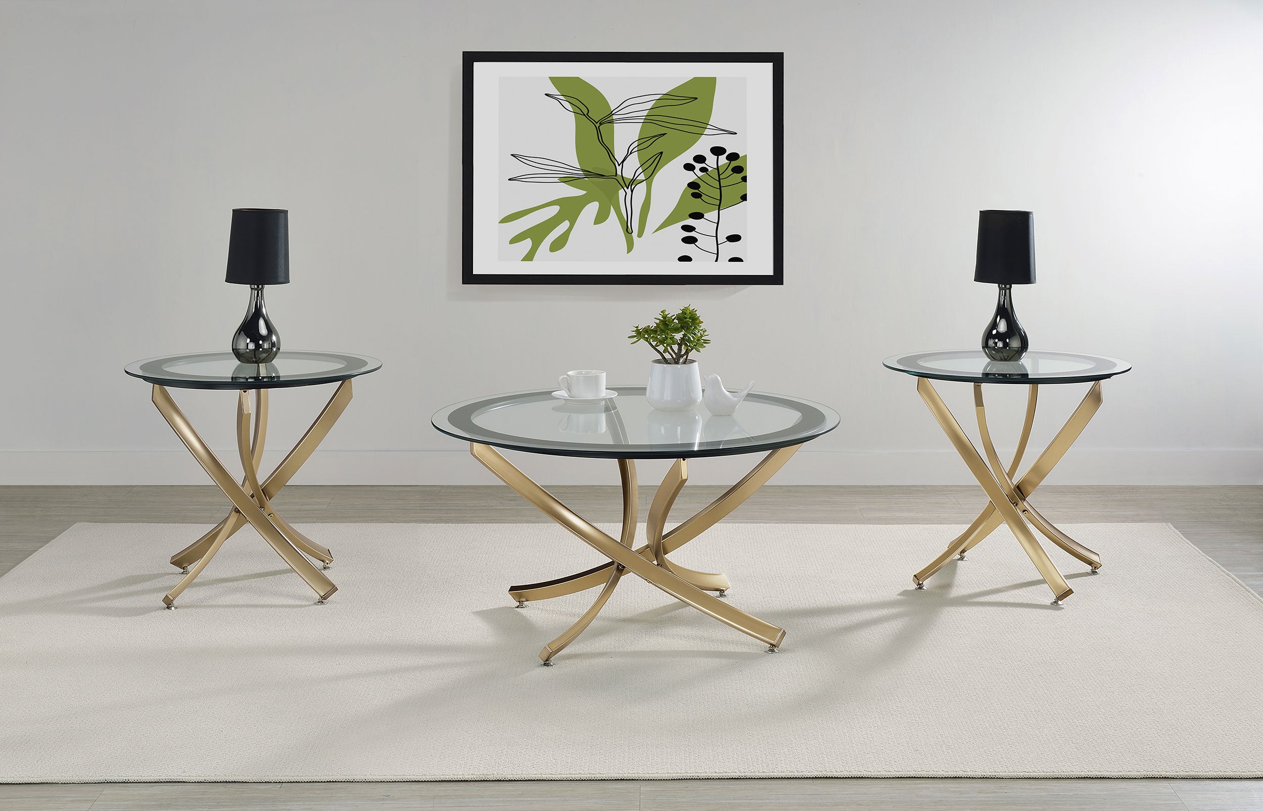 Brooke Round Glass Top Coffee Table Metal Base Brass-