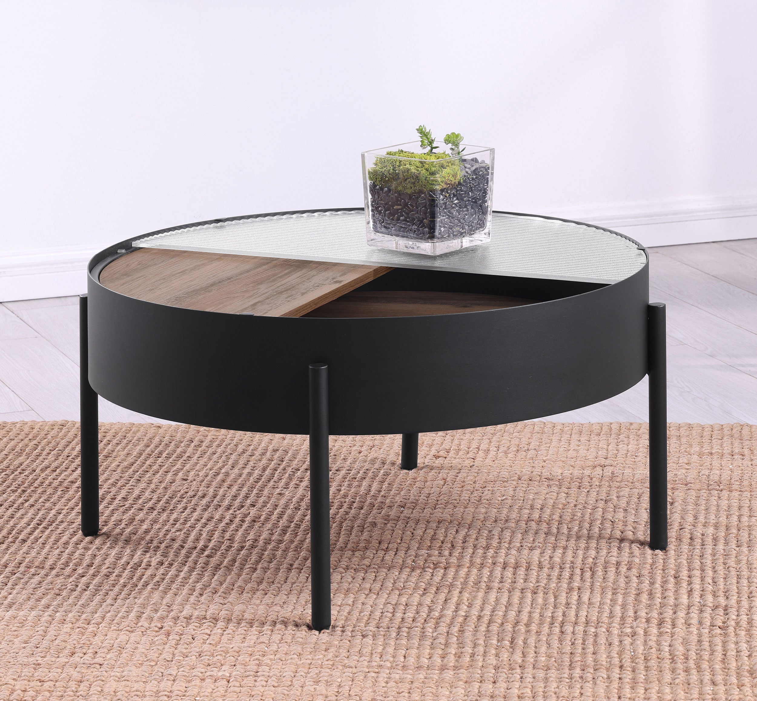 Ozella Round Coffee Table with Hidden Storage Sandy Black-