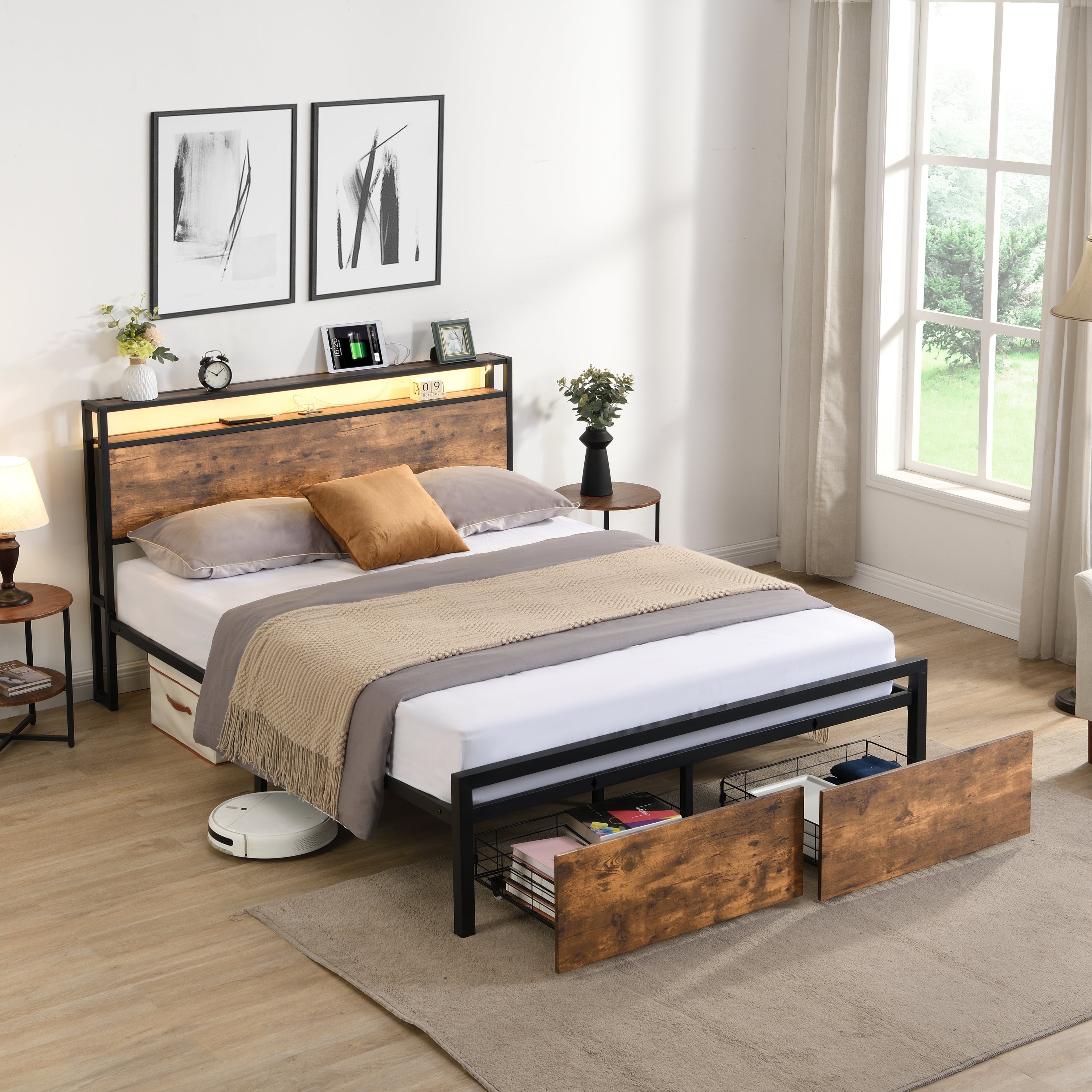 Bed frame with storage, led headboard, drawers & usb port