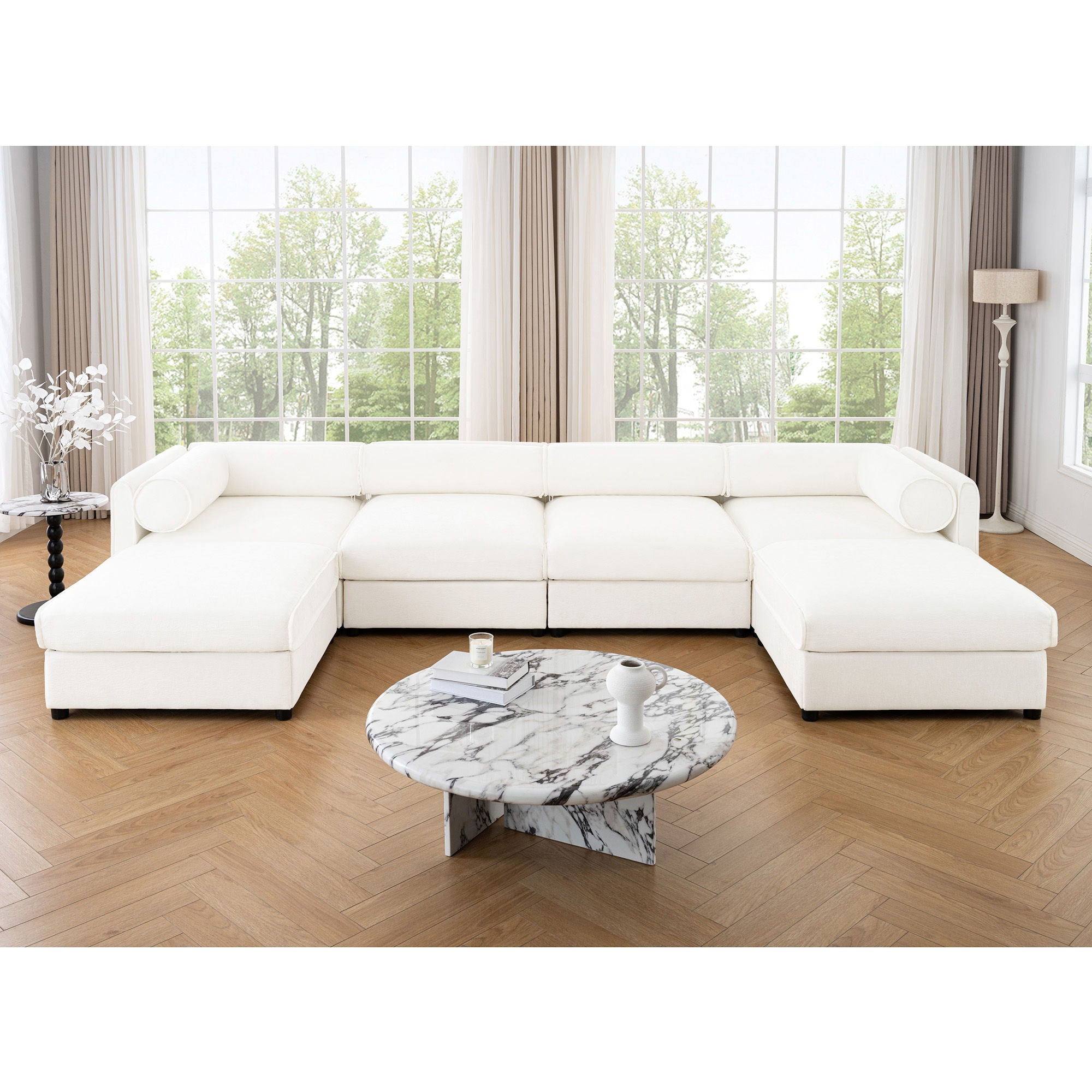 Contemporary Elegant White Chenille Sofa With Storage And Ottoman