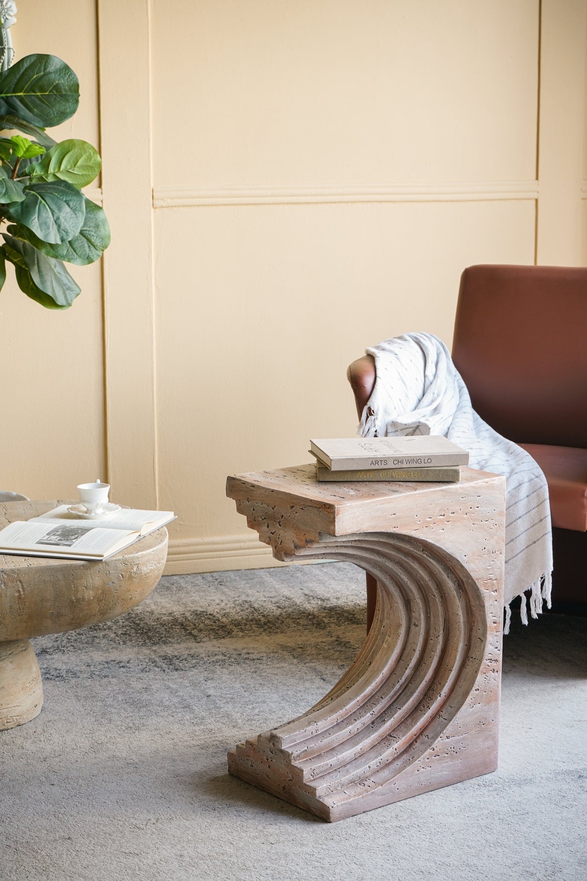 16.3x12.2x22.6 Modern Sculptural Arched Side Table with Faux Travertine Finish