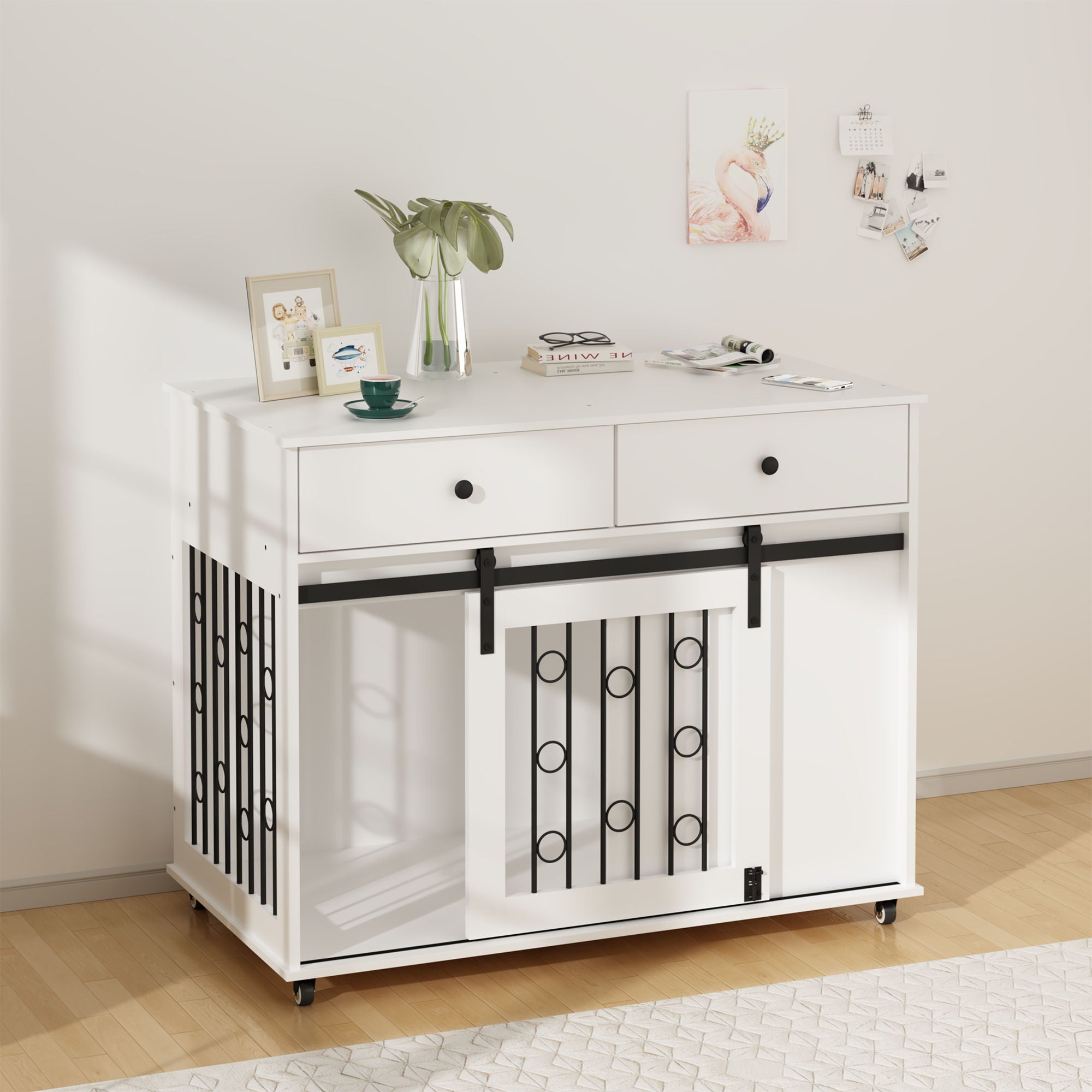 Dog Crate Furniture With Double Drawers And Sliding Barn Door, Pet Kennel For Small To Medium Dogs - White