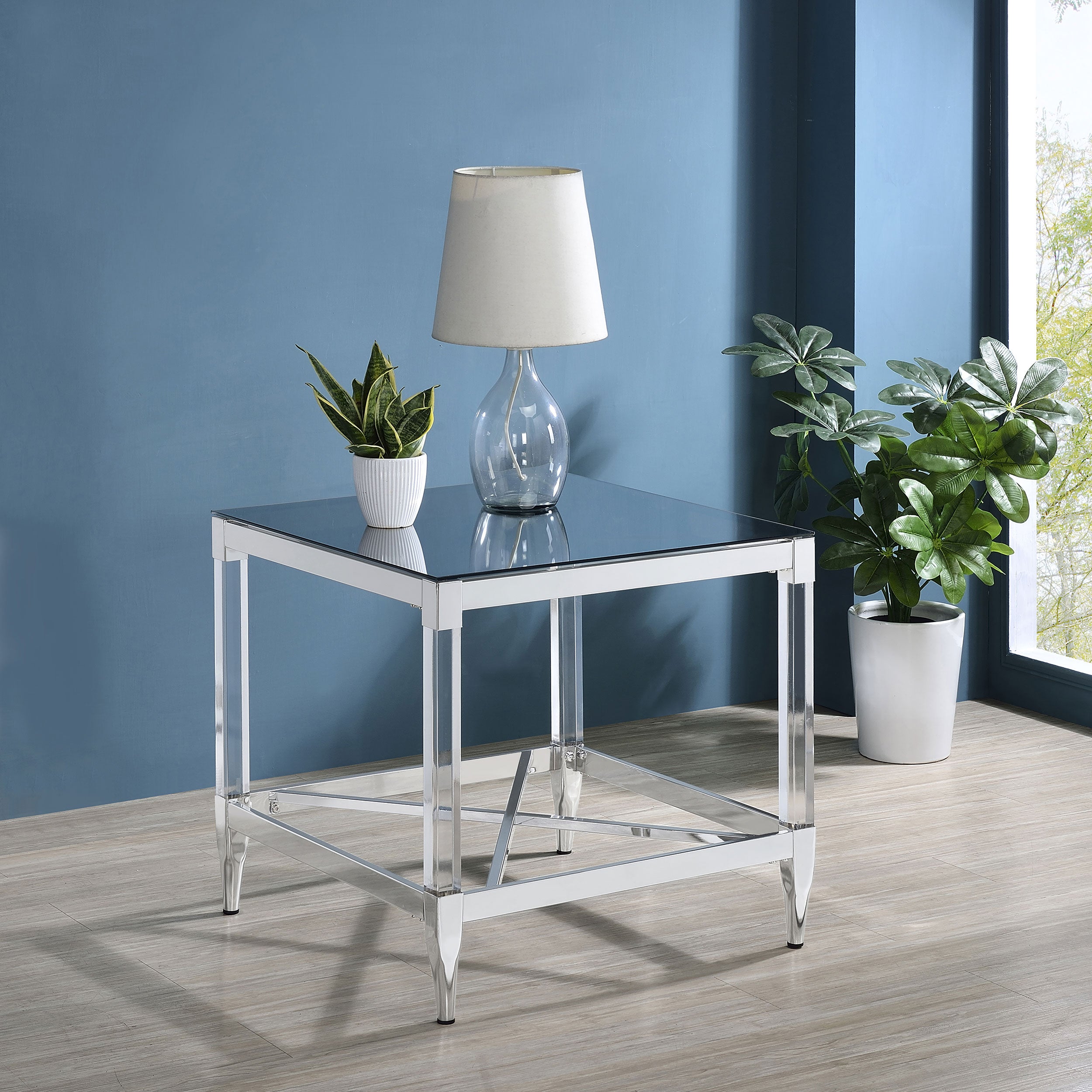 Lindley Square Tempered Mirror Acrylic Side End Table Chrome-