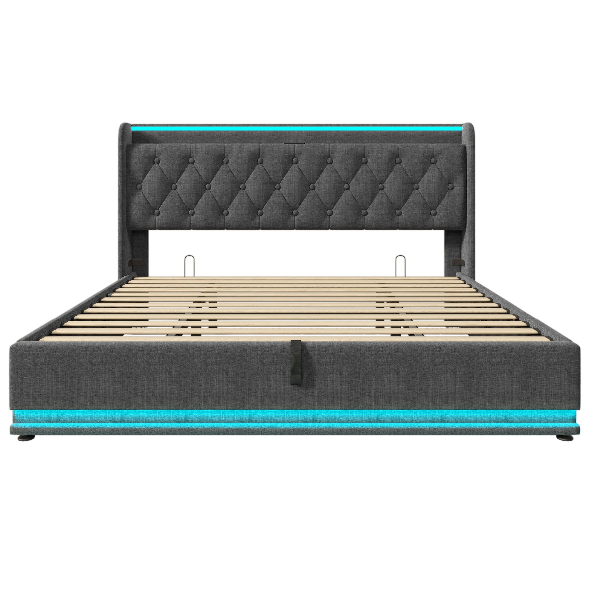 Upholstered Bed, 360 Surround LED Function, Remote Control, Hydraulic Storage Bed With USB, Type-C Charging (Without Mattress)