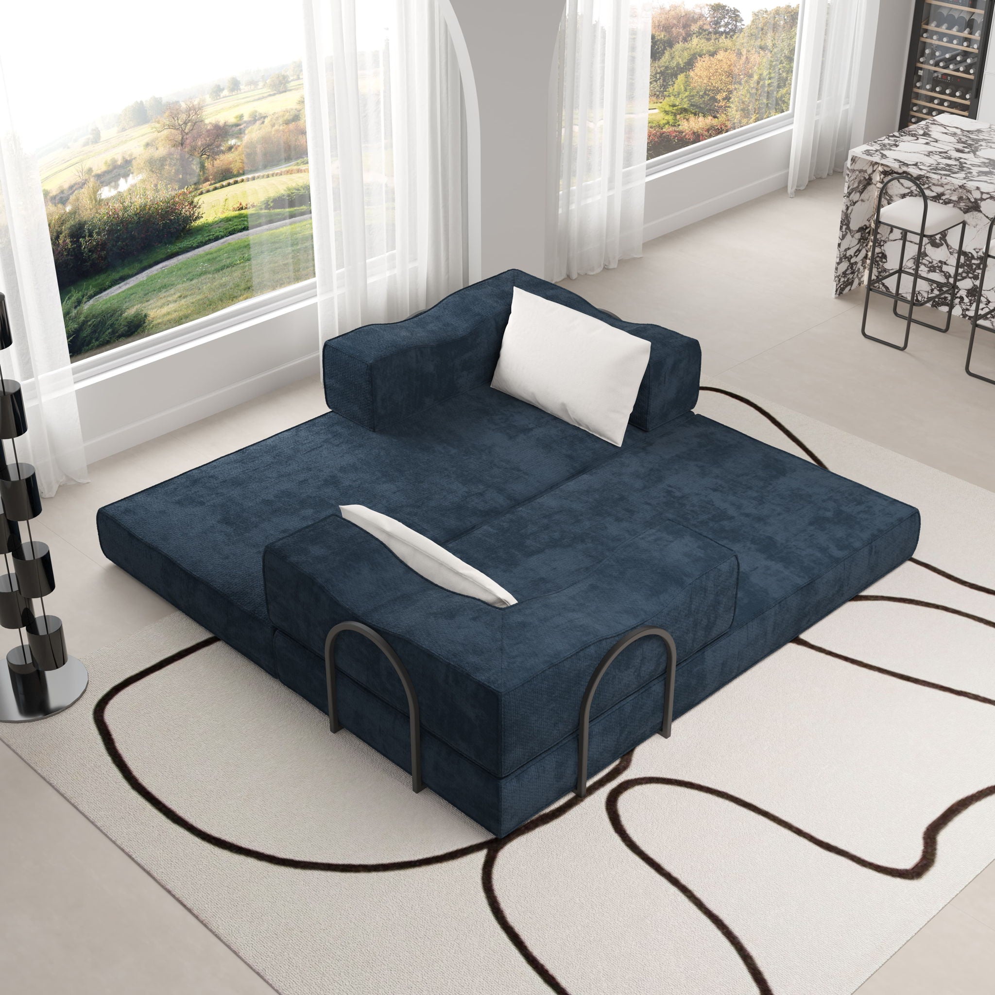 Convertible Couch Bed With 2 Pillows, 3 Seat Folding Floor Couch & King Size Bed Mattress, Diy Combination - Blue