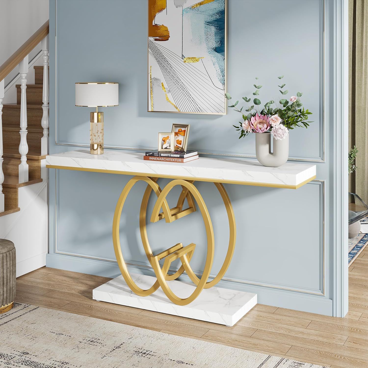 Console Table, Geometric Entryway Table For Living Hallway - White / Gold