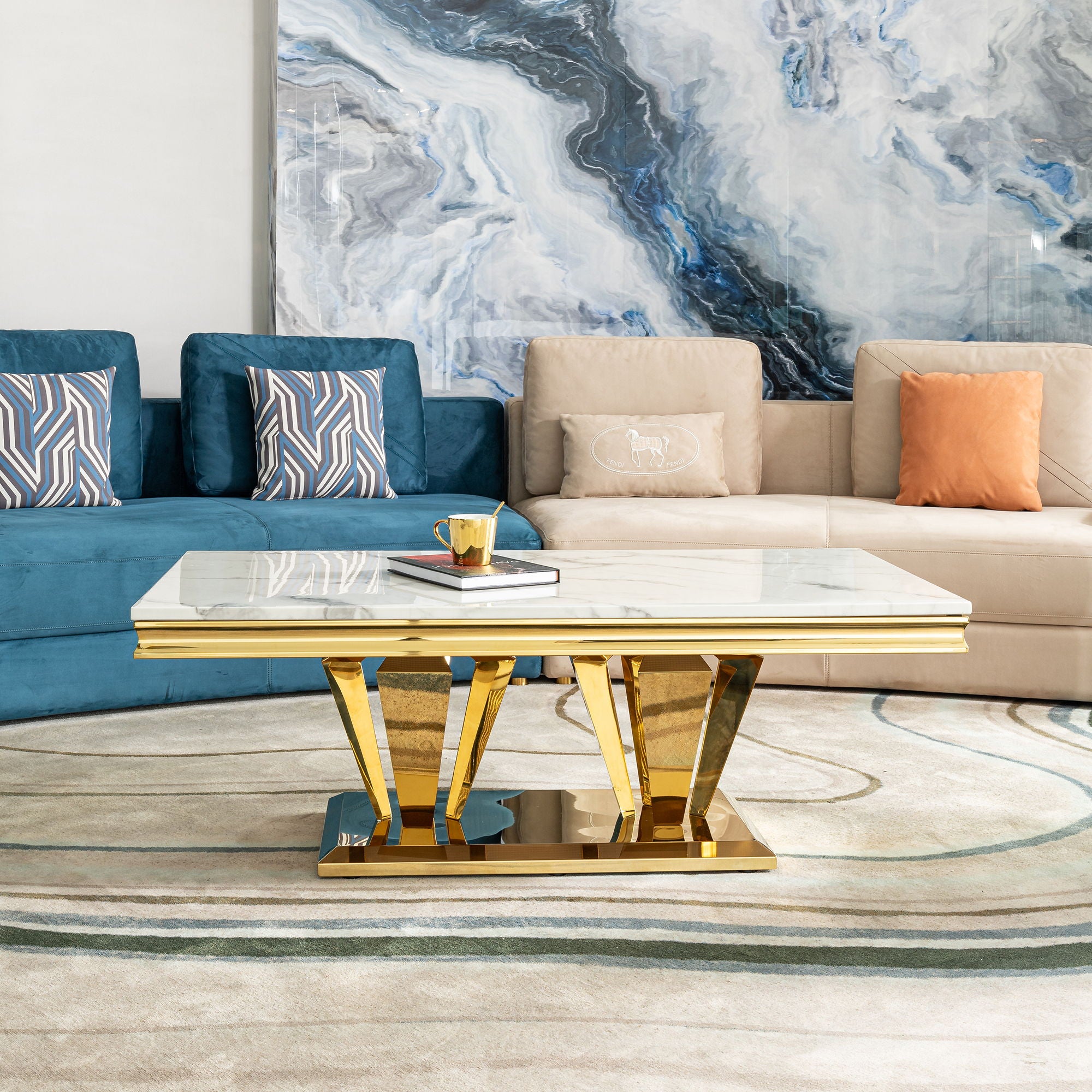 Modern Rectangular Coffee Table With Marble Pattern Top, Stainless Steel Base - Gold