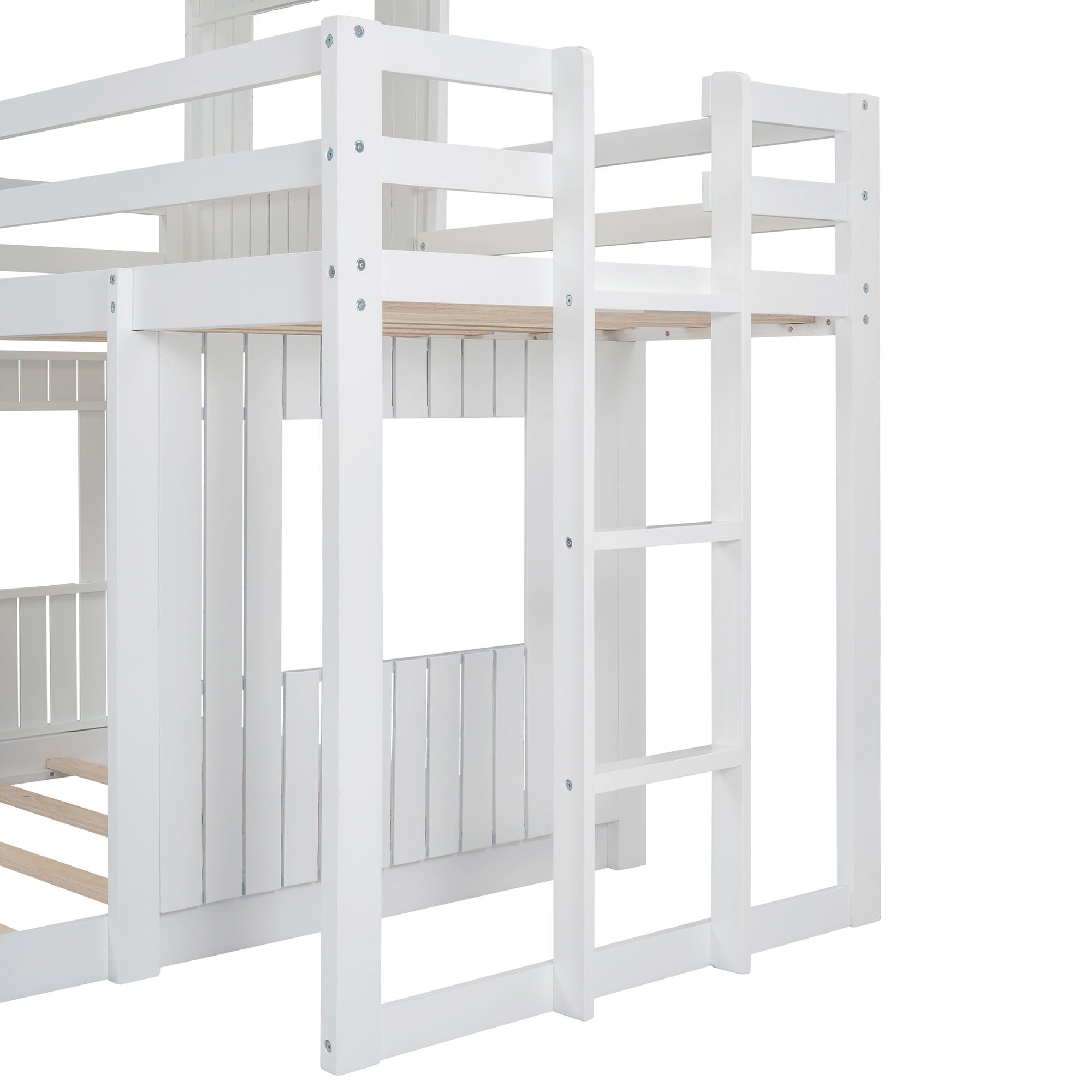 Twin Over Full Bunk Bed, With Playhouse, Farmhouse, Ladder And Guardrails - White