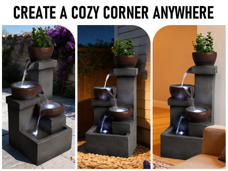 Outdoor Water Fountain Tiered Cascading Jar Waterfall Resin Garden Patio Decor with LED Lights