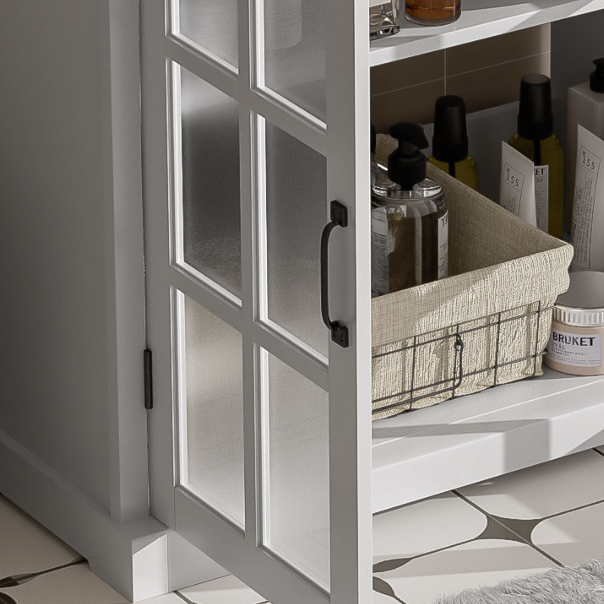 Modern Bathroom Vanity With Ceramic Sink, Tempered Blurred Glass Doors