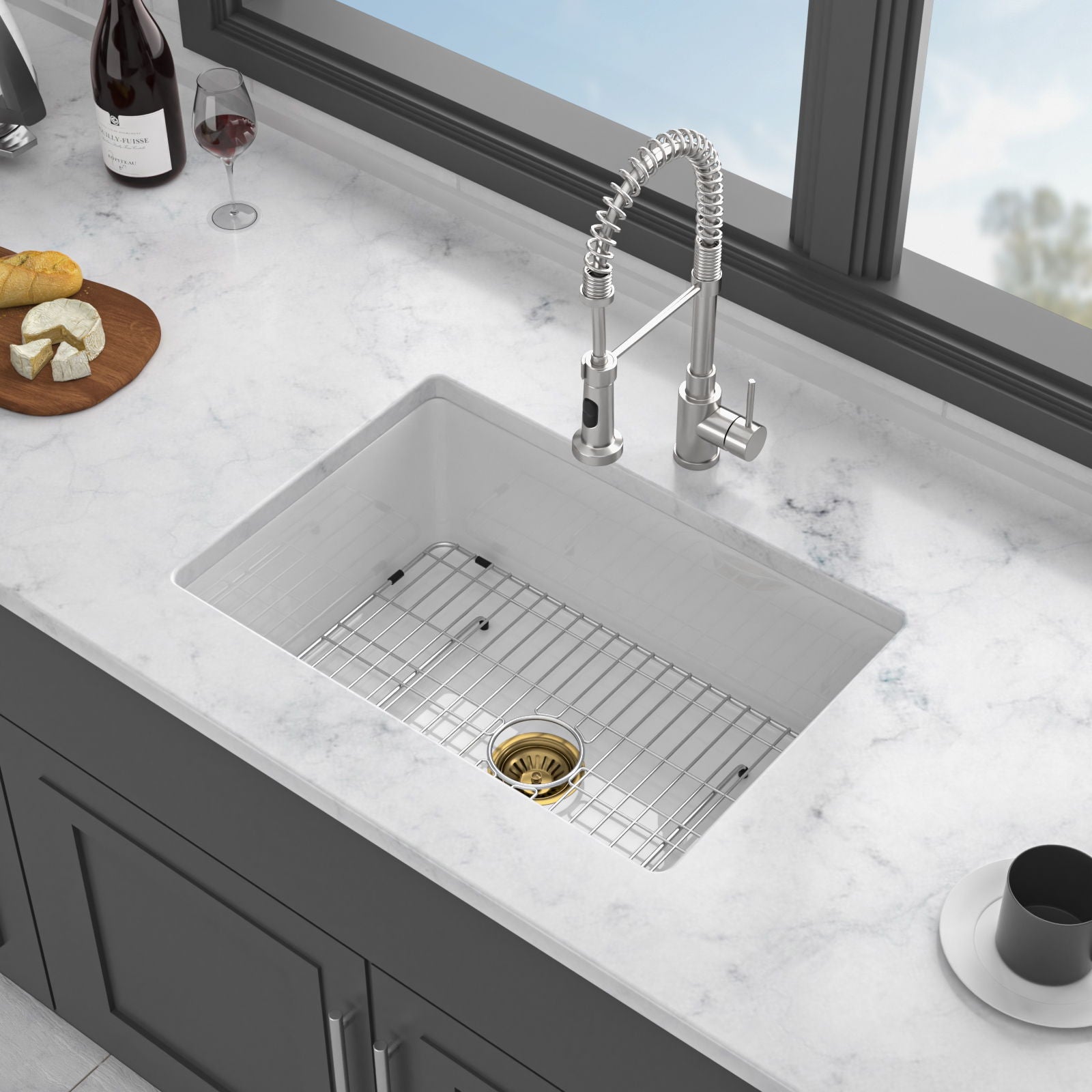 Undermount Single Bowl Ceramic Kitchen Sink, Dual Mount