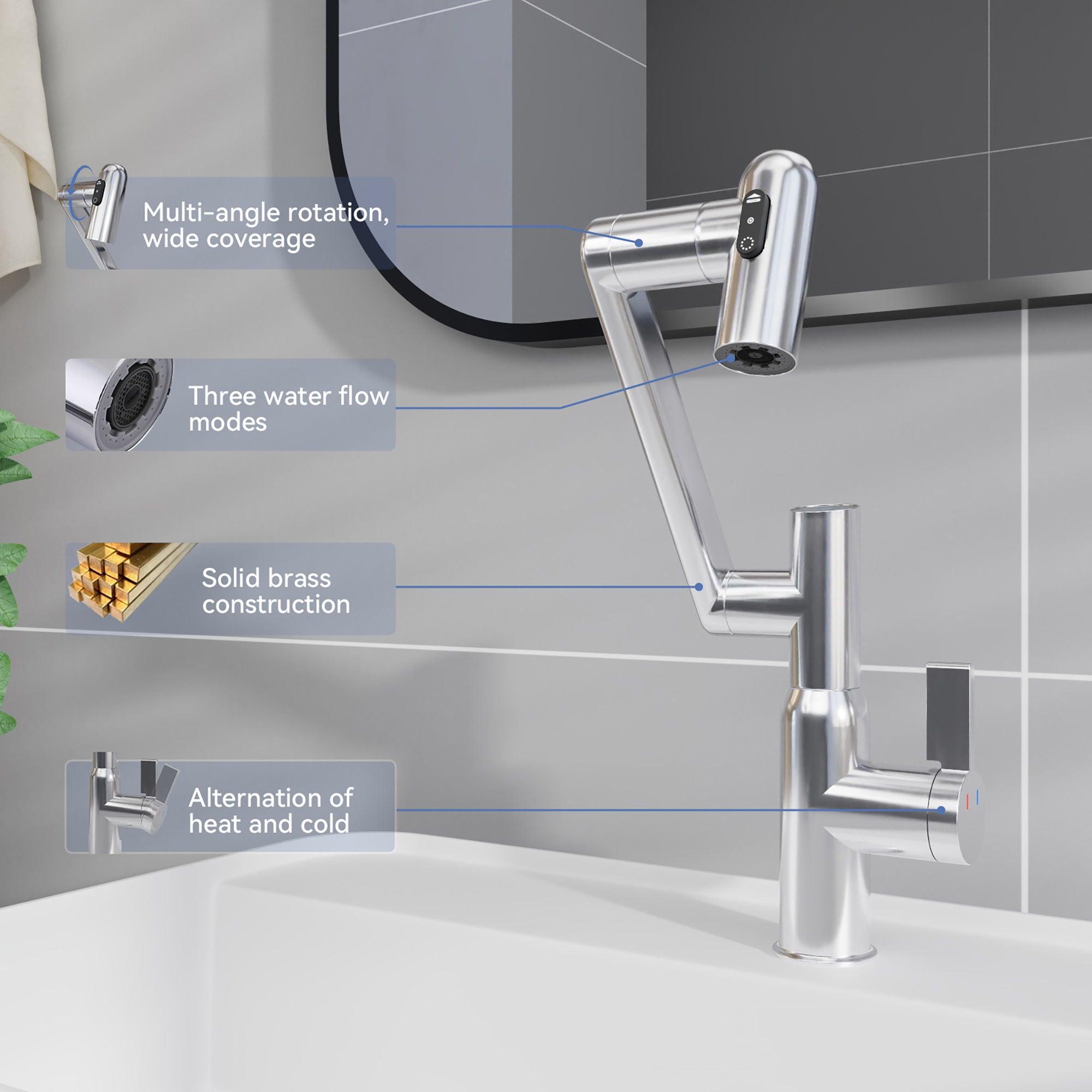 Bathroom Sink Faucet With Spray Function And Temperature Display, Anti Skid Switch, 360 Degree Rotary, Brass Material - Chrome