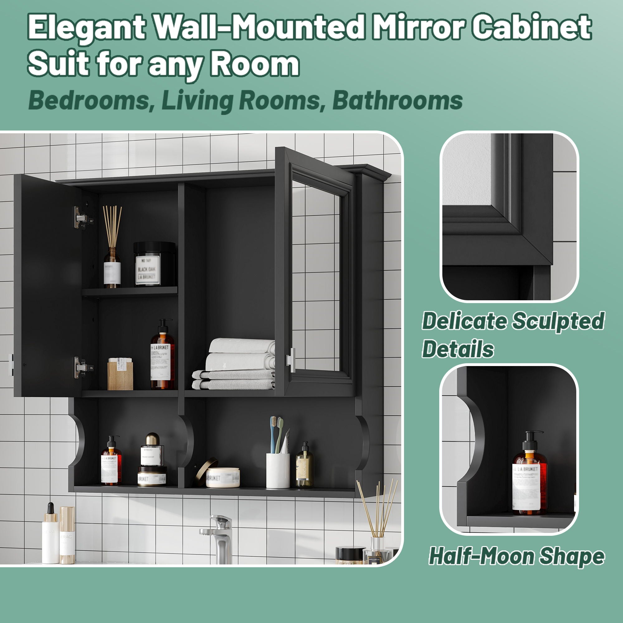 Wall Mounted Mirror Medicine Cabinet, Bathroom Storage With Doors And Open Shelves