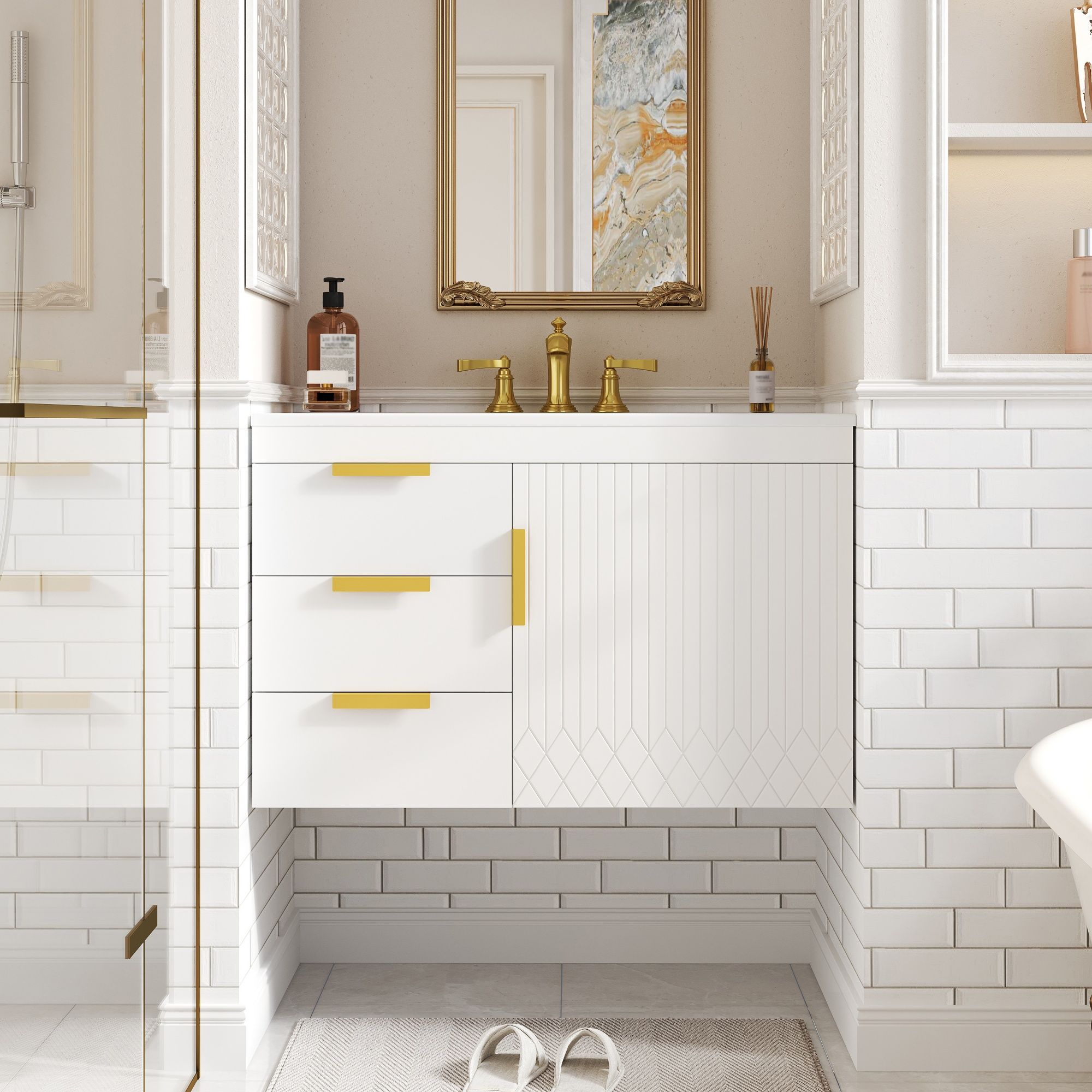 Modern Wall Mounted Bathroom Cabinet With Ceramic Sink, Soft-Closing Drawer And Door