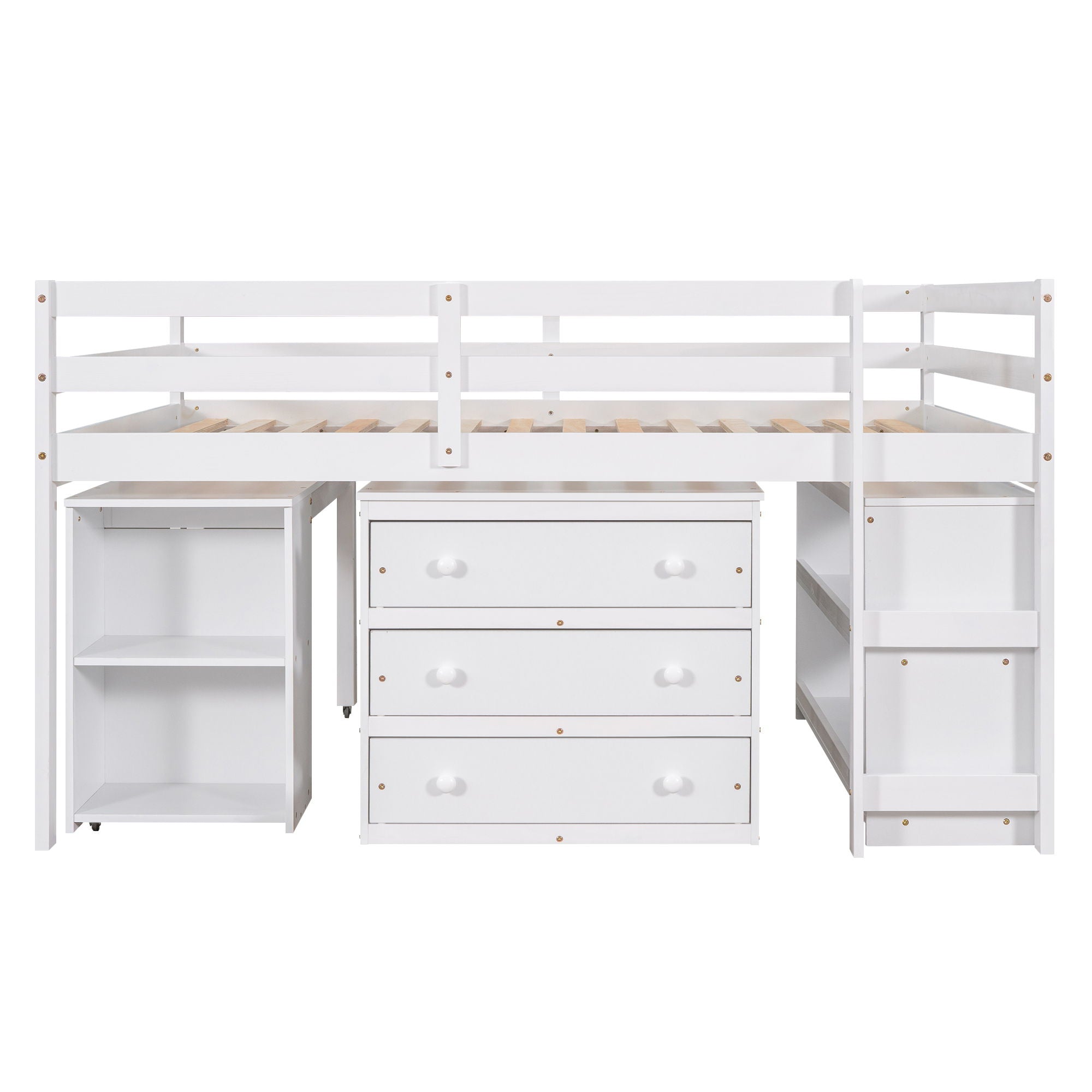 Loft Low Study Bed With Cabinet, Shelves And Rolling Portable Desk, Multiple Functions