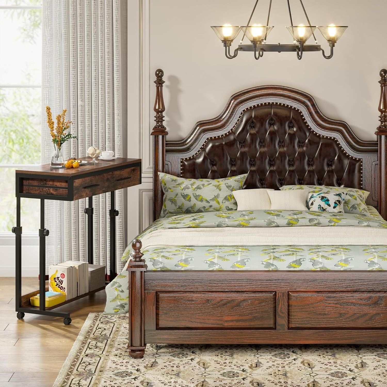 Portable Laptop Desk With Drawer & Wheels, Height Adjustable, Storage Shelf - Brown / Black